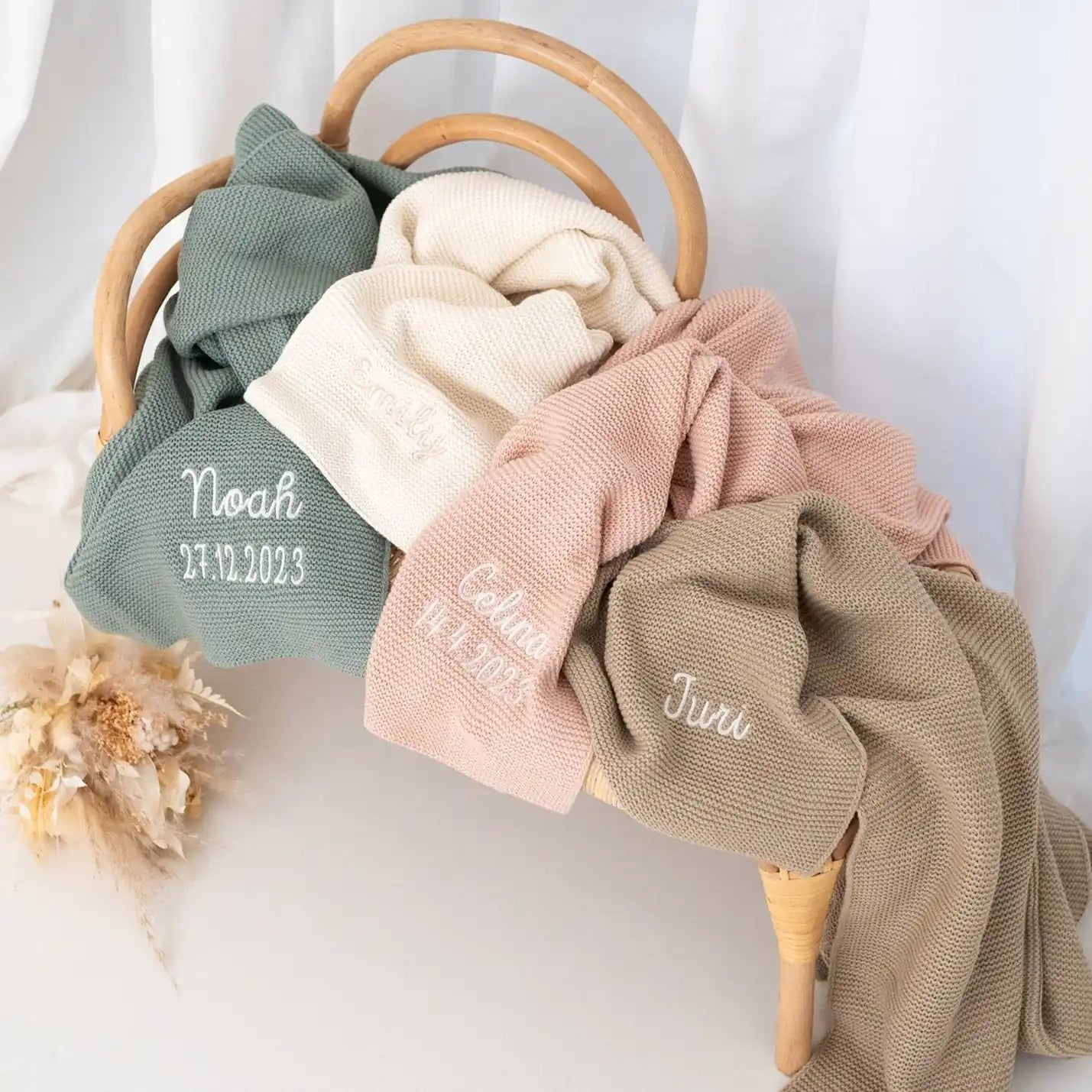 JOLLEIN Baby Strickdecke personalisiert - rose, olivgrün, mintgrün, creme Decken -  wunderwunsch