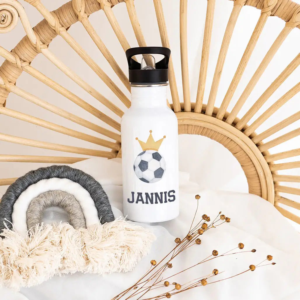 Kinder Trinkflasche weiß mit Trinkhalm personalisiert - Fußball Trikot Aquarell Trinkflaschen -  wunderwunsch