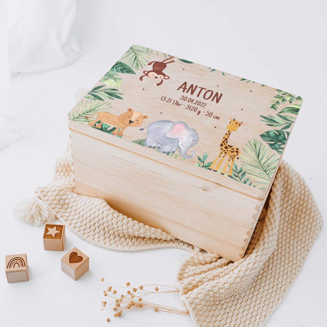 Erinnerungsbox Baby personalisiert - Dschungel Tiere Aquarell