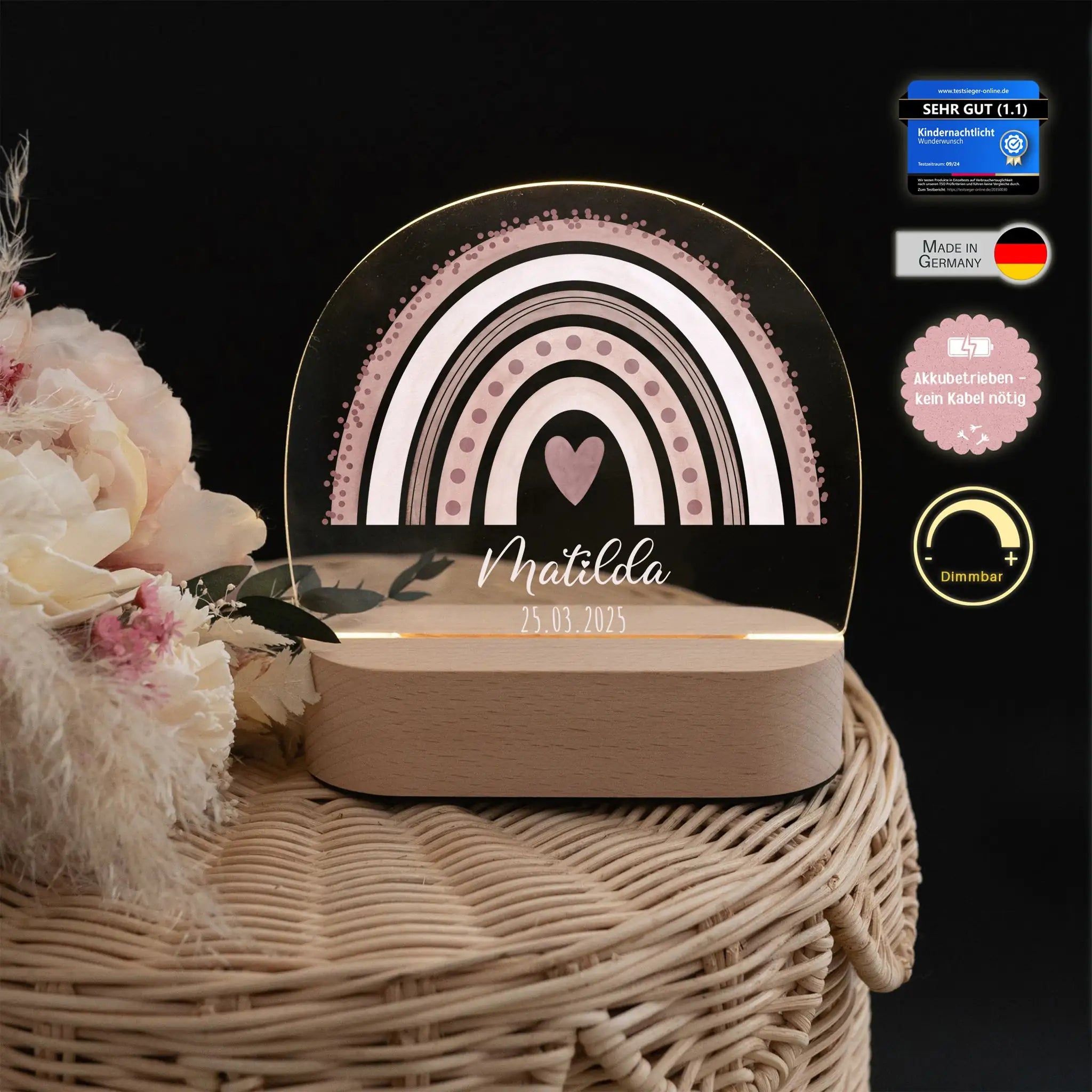 LED Nachtlicht Kinder personalisiert - Regenbogen Punkte Aquarell Nachtlichter -  wunderwunsch