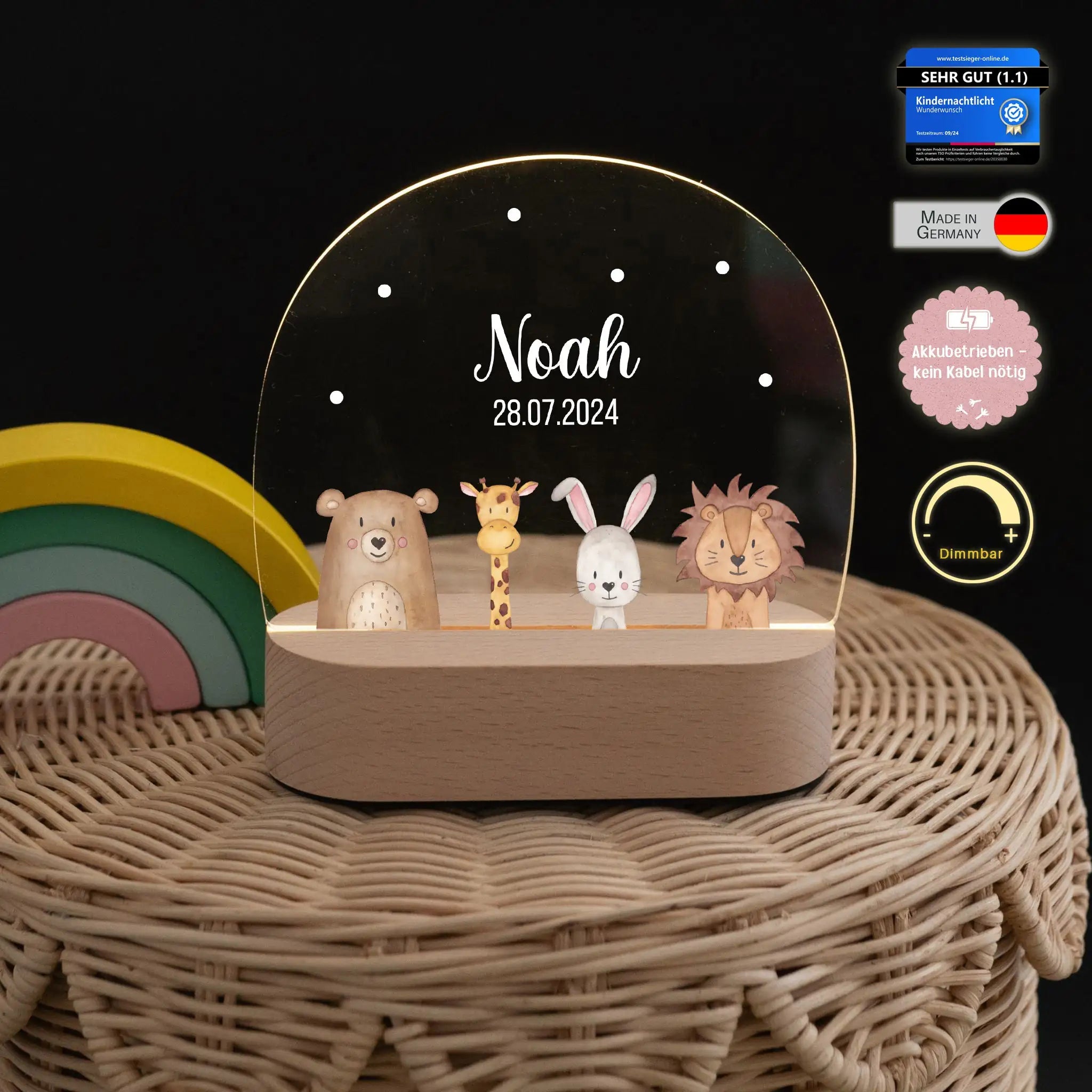LED Nachtlicht Kinder personalisiert - Tiere unten Aquarell Nachtlichter -  wunderwunsch