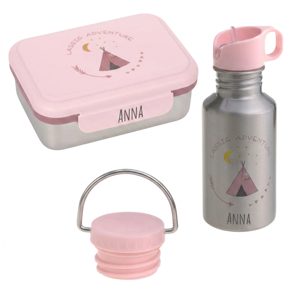 LÄSSIG Lunch-Set - Brotdose & Trinkflasche - Tipi rosa