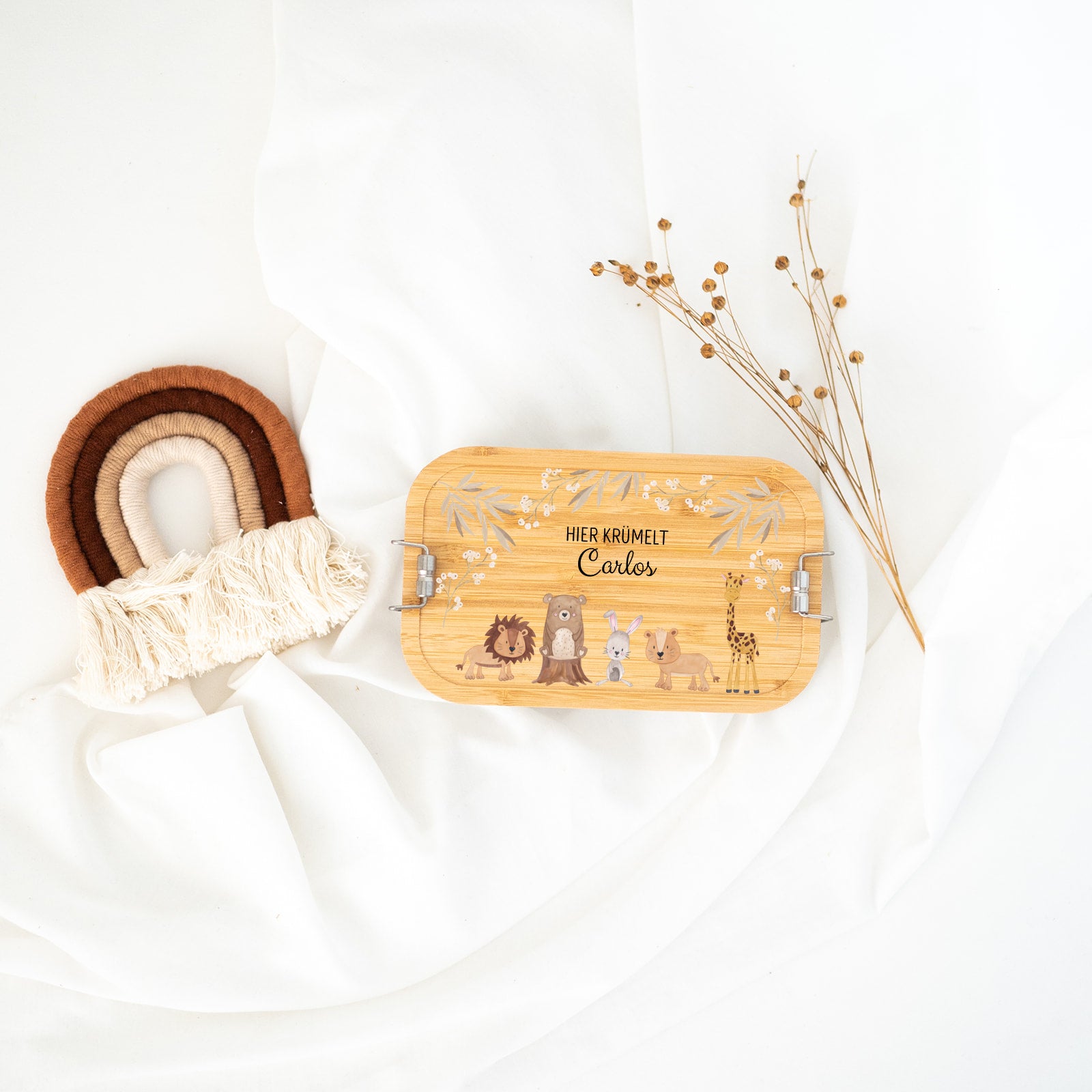 Brotdose Edelstahl personalisiert - Tiere Zweige beige Aquarell