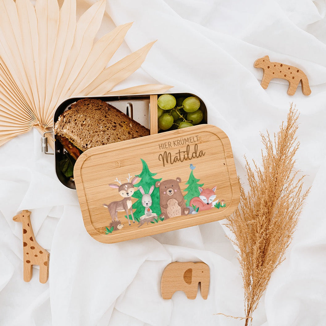 Brotdose Edelstahl personalisiert - Waldtiere Aquarell