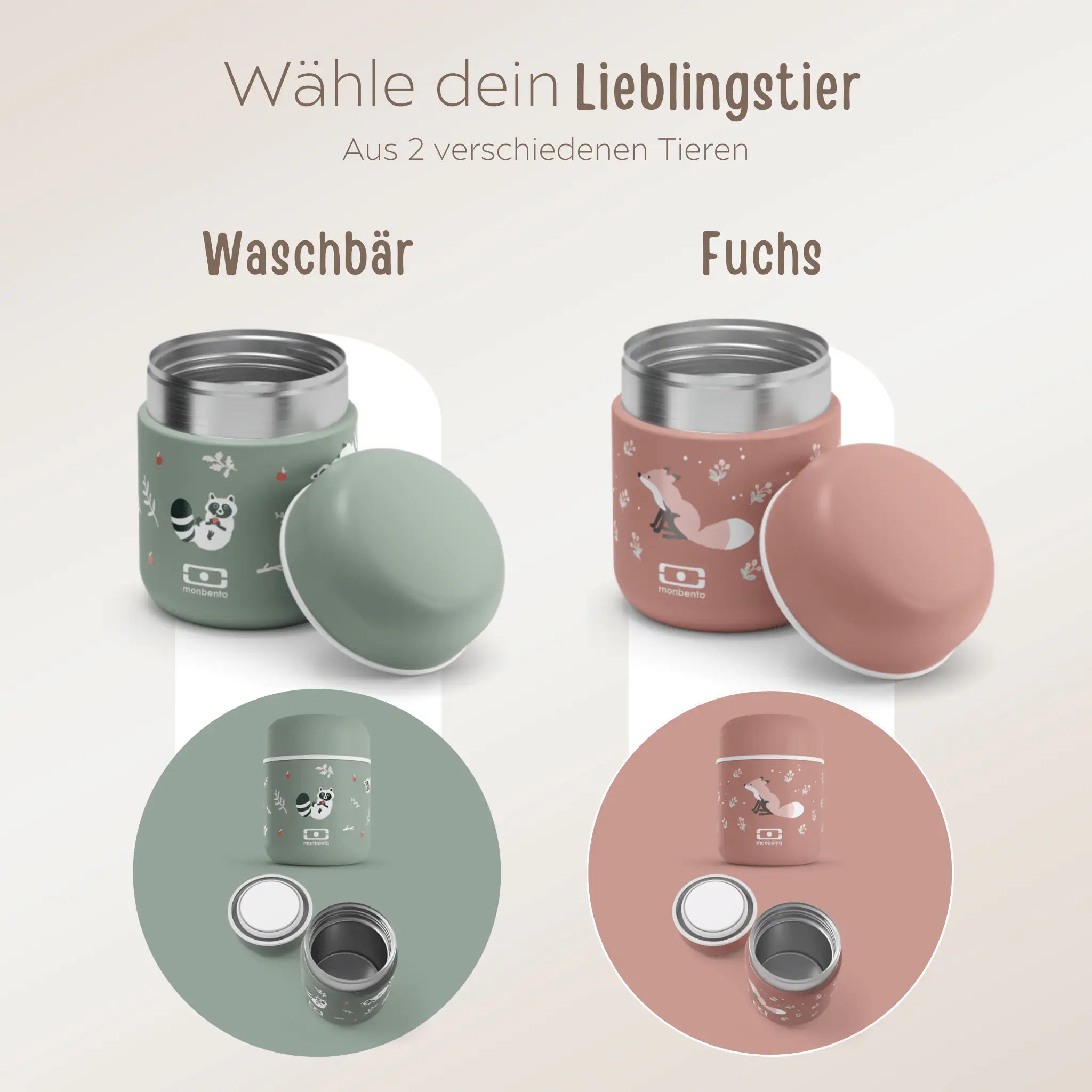 MONBENTO Thermobecher personalisiert - Fuchs und Waschbär Brotdose -  wunderwunsch