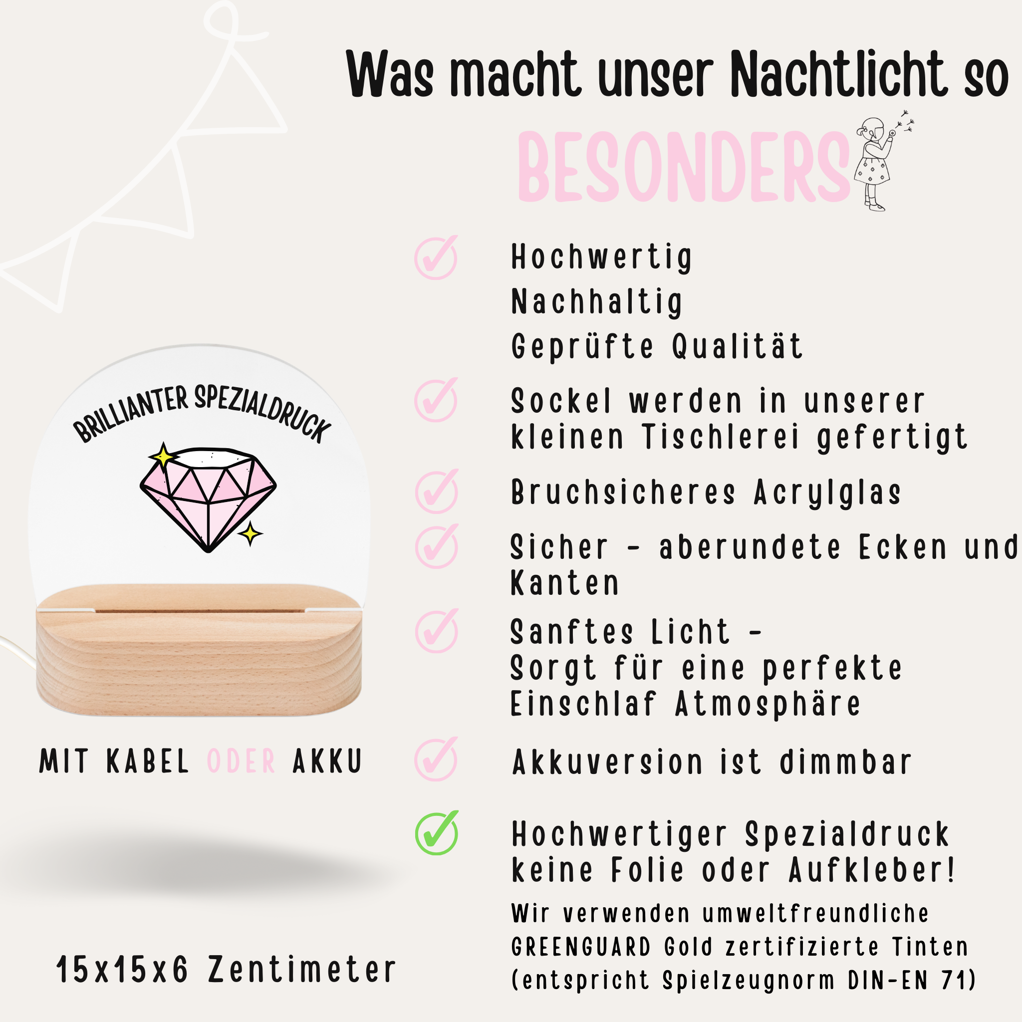 LED Nachtlicht Kinder personalisiert - Dinosaurier Punkte Aquarell