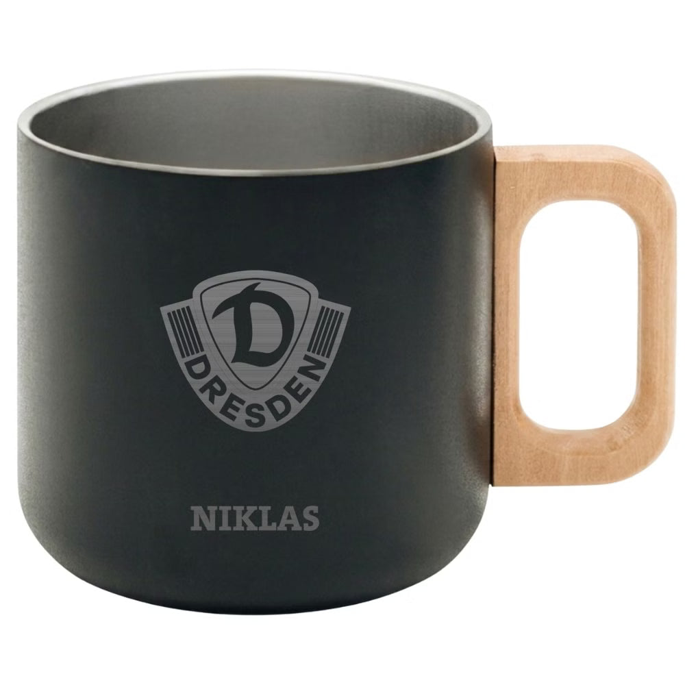 DYNAMO Kaffeetasse Edelstahl schwarz Wappen personalisiert