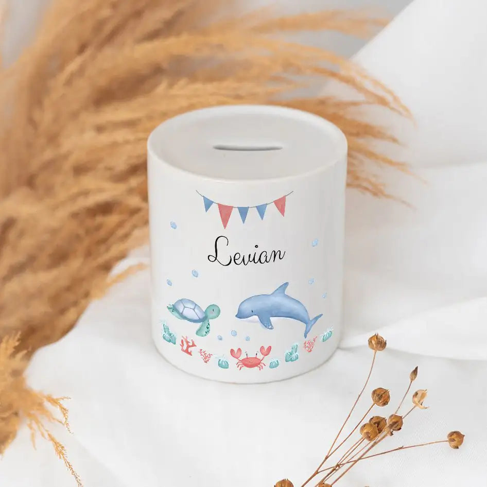 Spardose Keramik personalisiert - Meerestier Girlande Aquarell Spardosen -  wunderwunsch