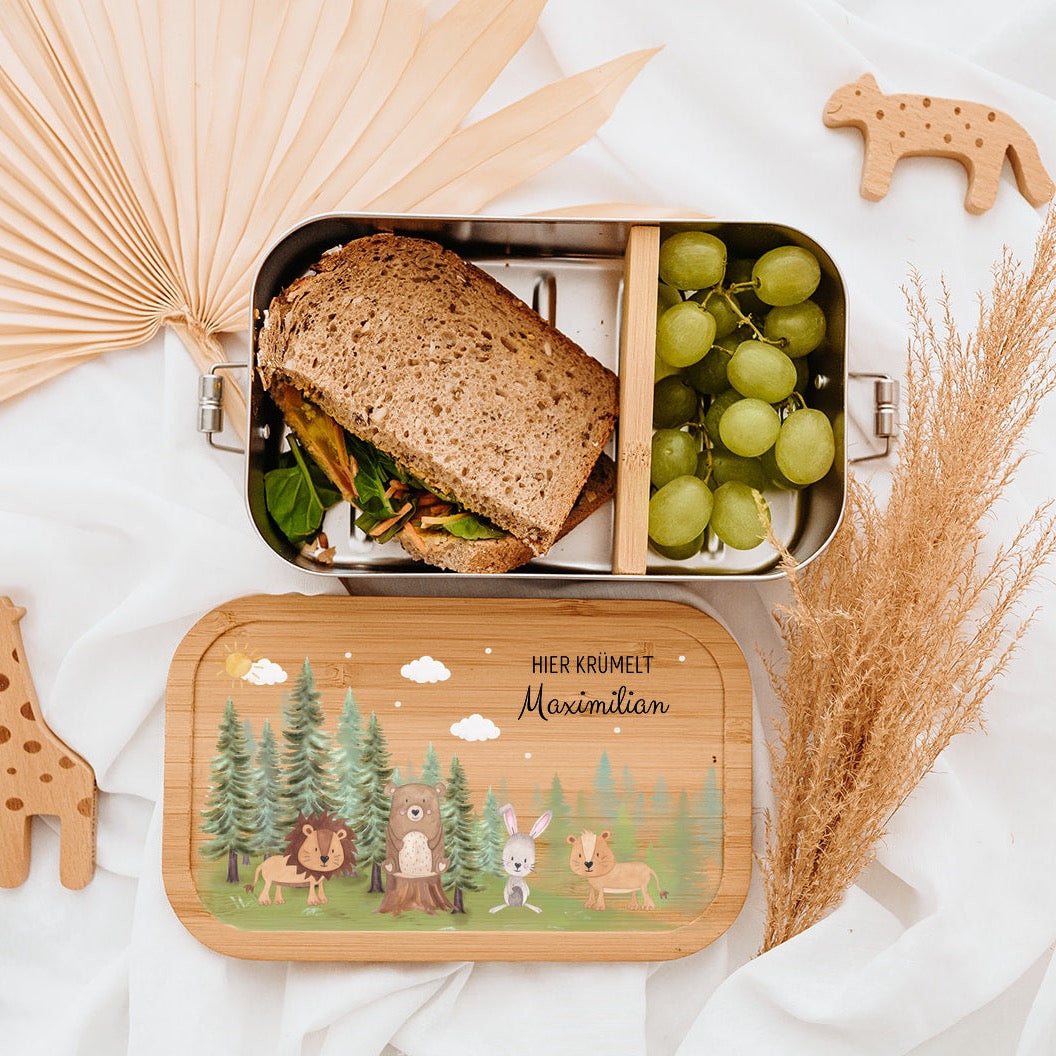 Brotdose Edelstahl personalisiert - Tiere Nadelwald Aquarell