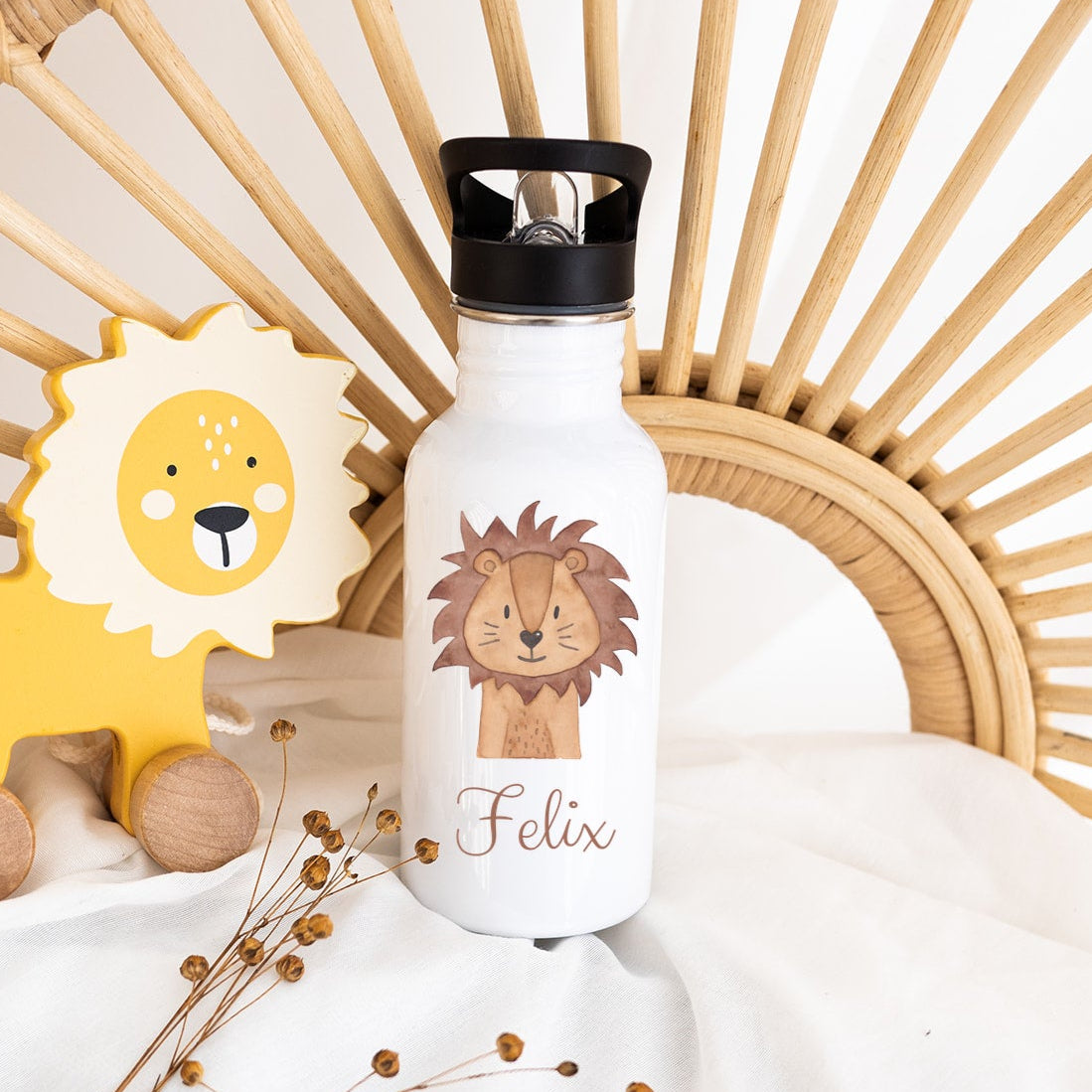 Kinder Trinkflasche weiß mit Trinkhalm personalisiert - Tier Aquarell