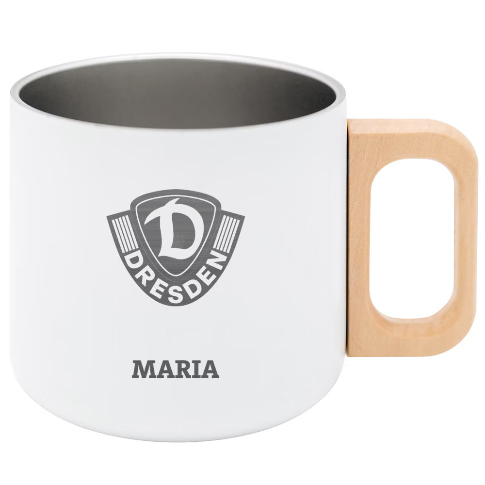 DYNAMO Kaffeetasse Edelstahl weiß Wappen personalisiert