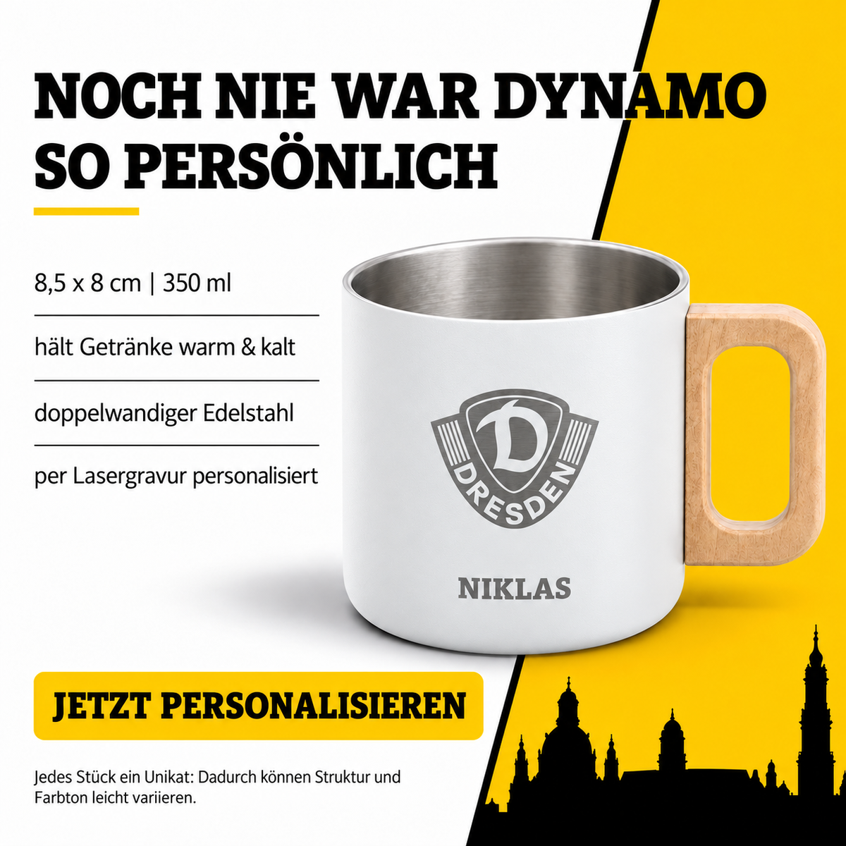 DYNAMO Kaffeetasse Edelstahl weiß Wappen personalisiert