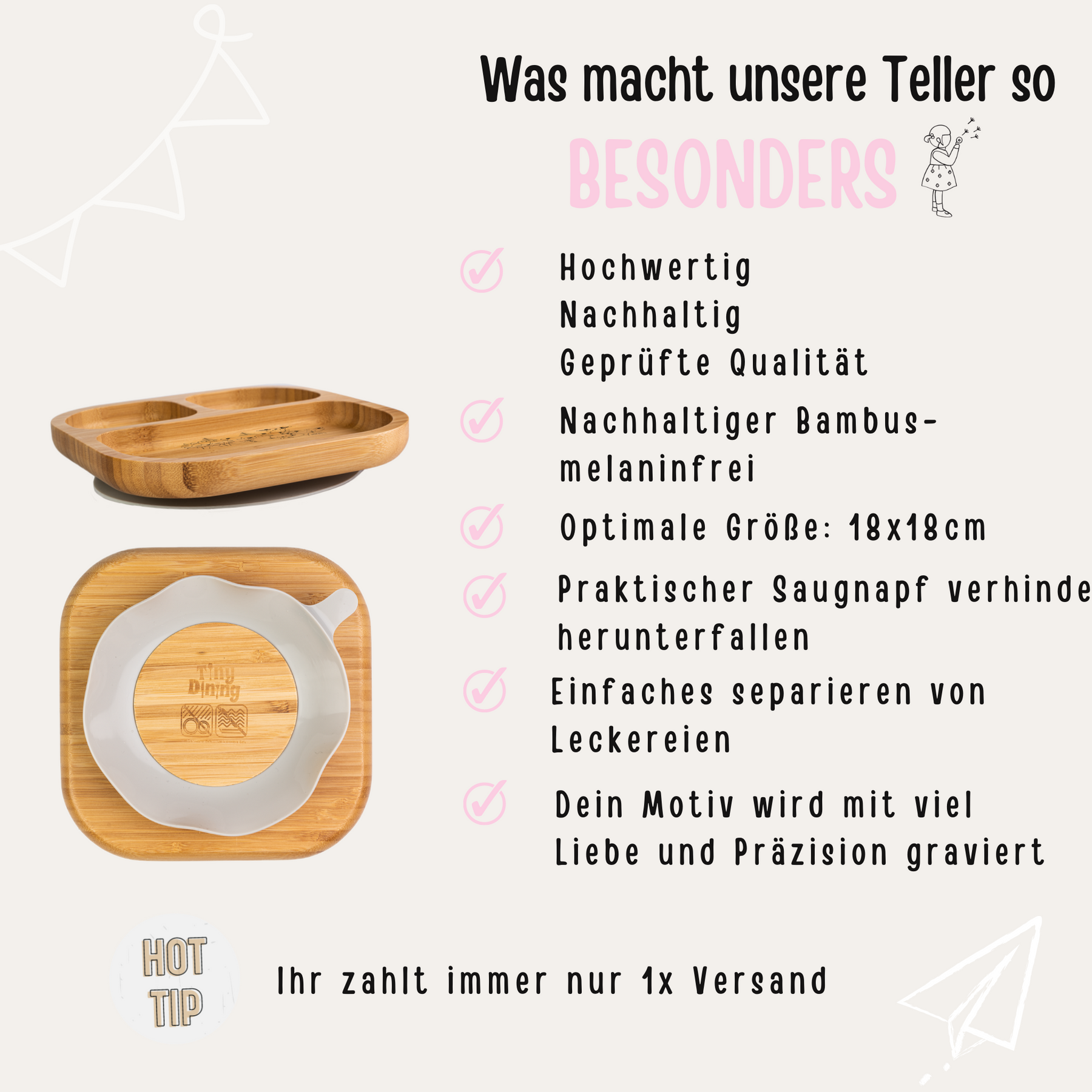 Kinderteller mit Saugnapf + Besteck - Dinosaurier Gravur