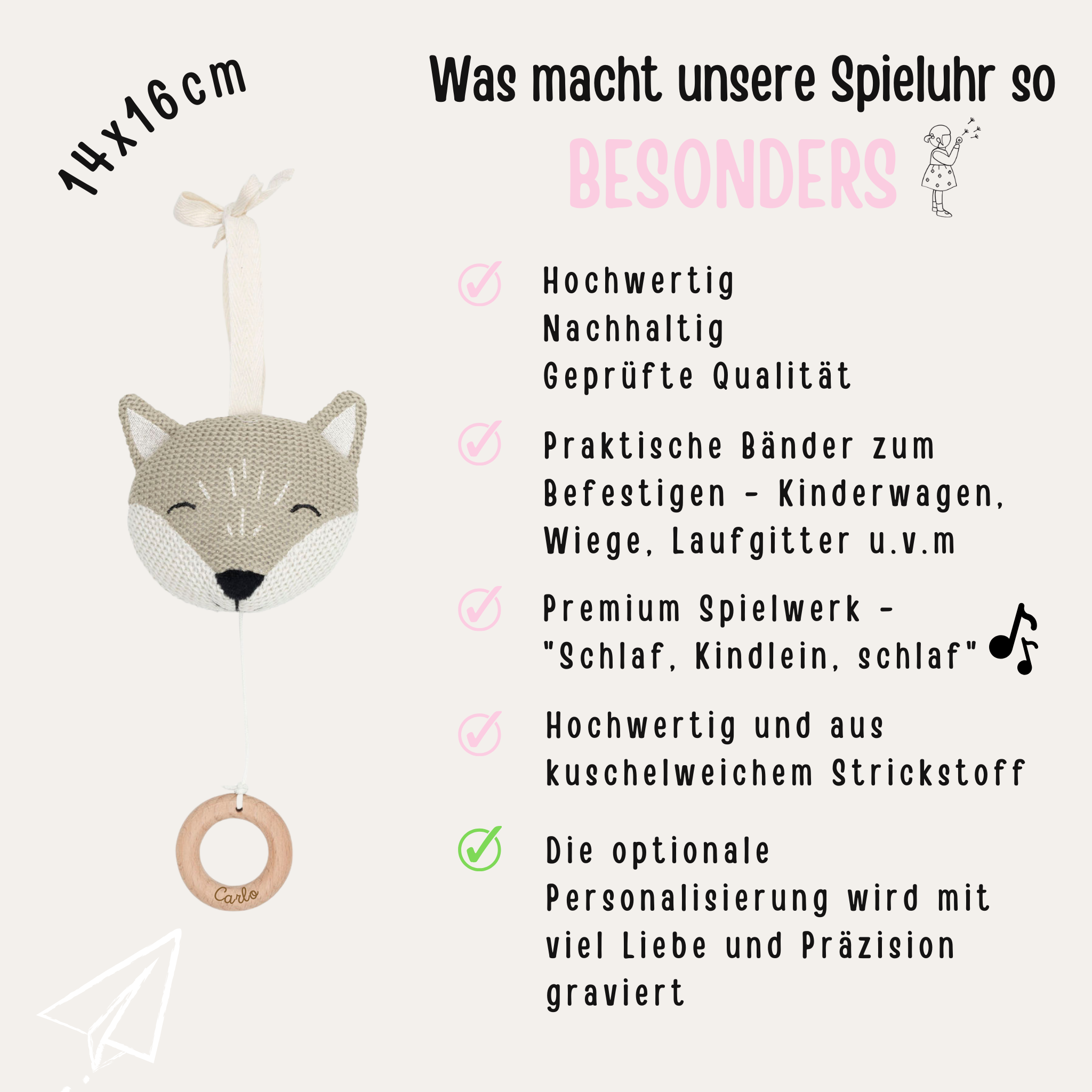 Spieluhr für Babys personalisiert - Bär, Giraffe, Fuchs