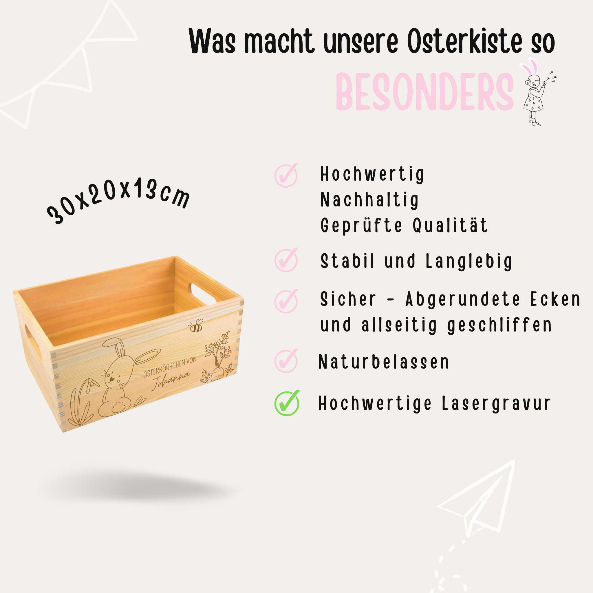 Osterkiste Holz personalisiert - Osterhase und Eiersuche Gravur