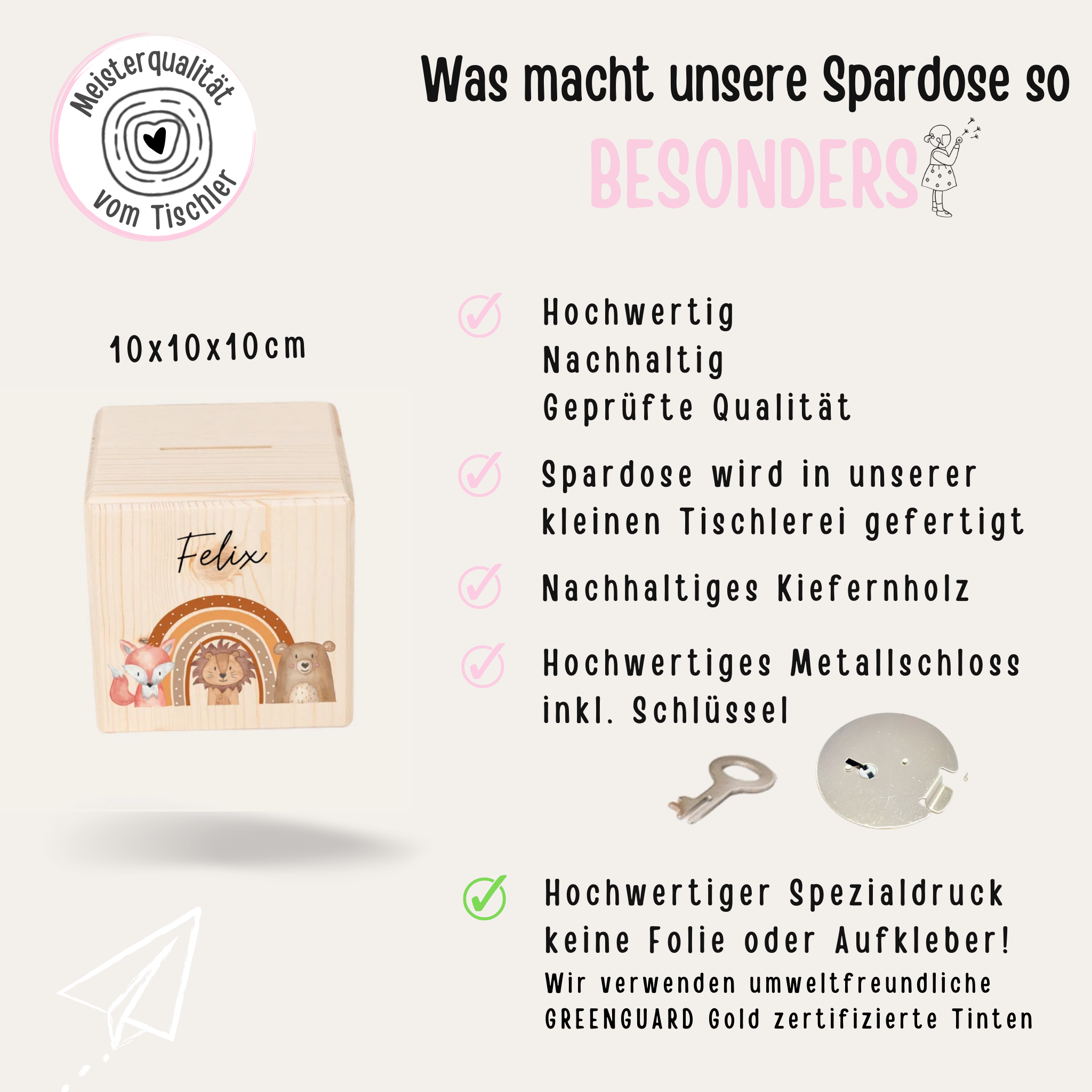 Spardose Holz personalisiert - Fuchs, Löwe, Bär Regenbogen Aquarell