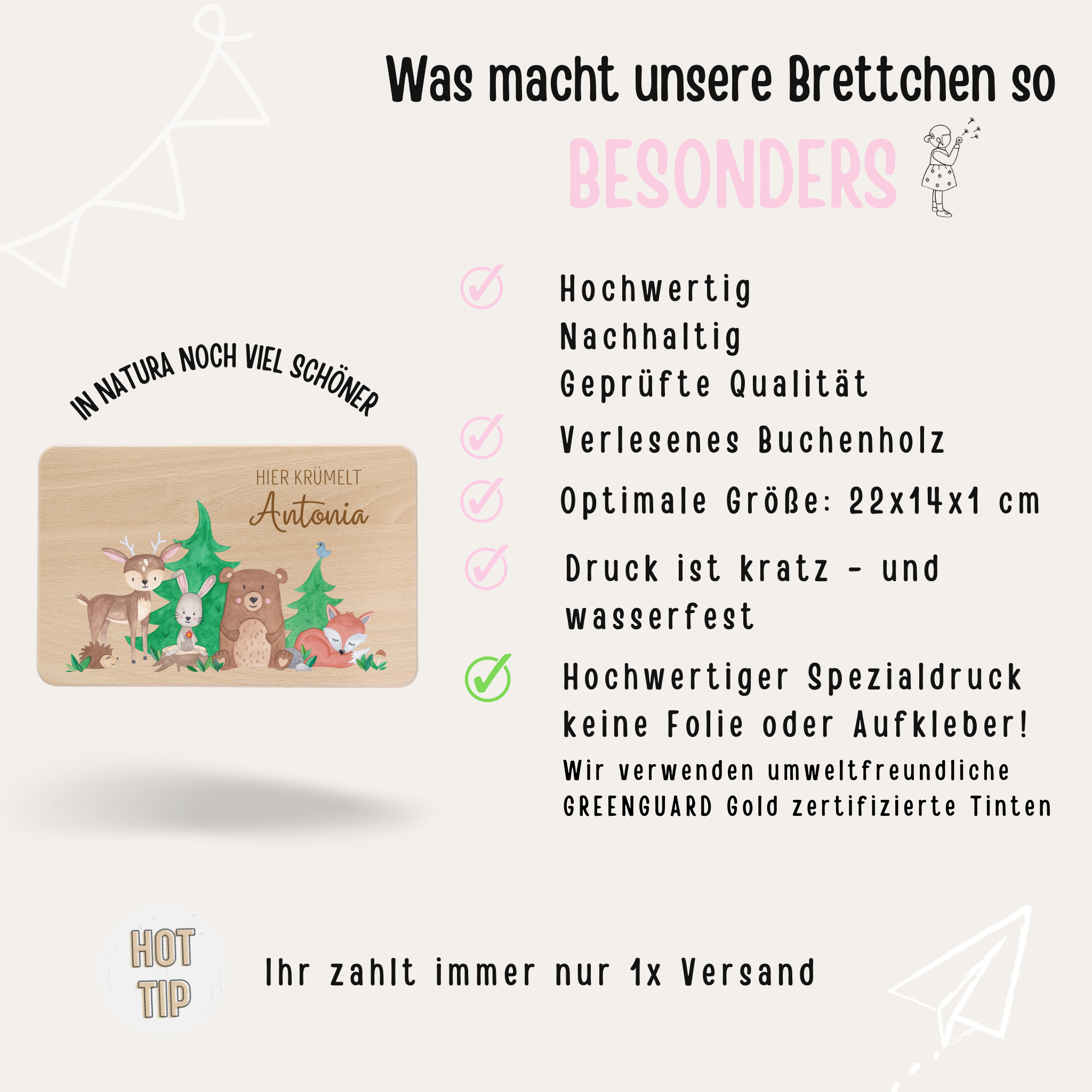 Frühstücksbrettchen personalisiert - Waldtiere Aquarell