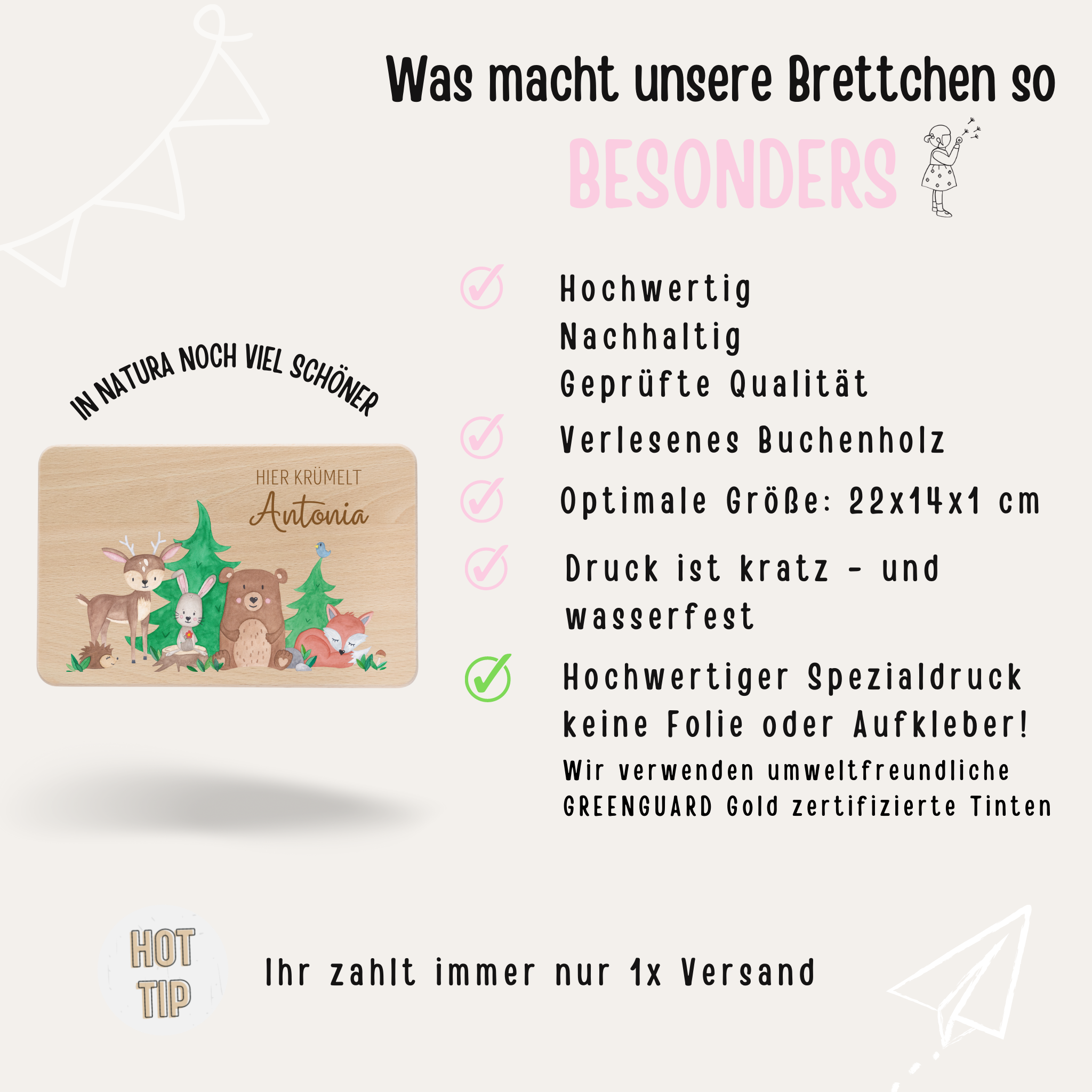 Frühstücksbrettchen personalisiert - Waldfreunde Aquarell