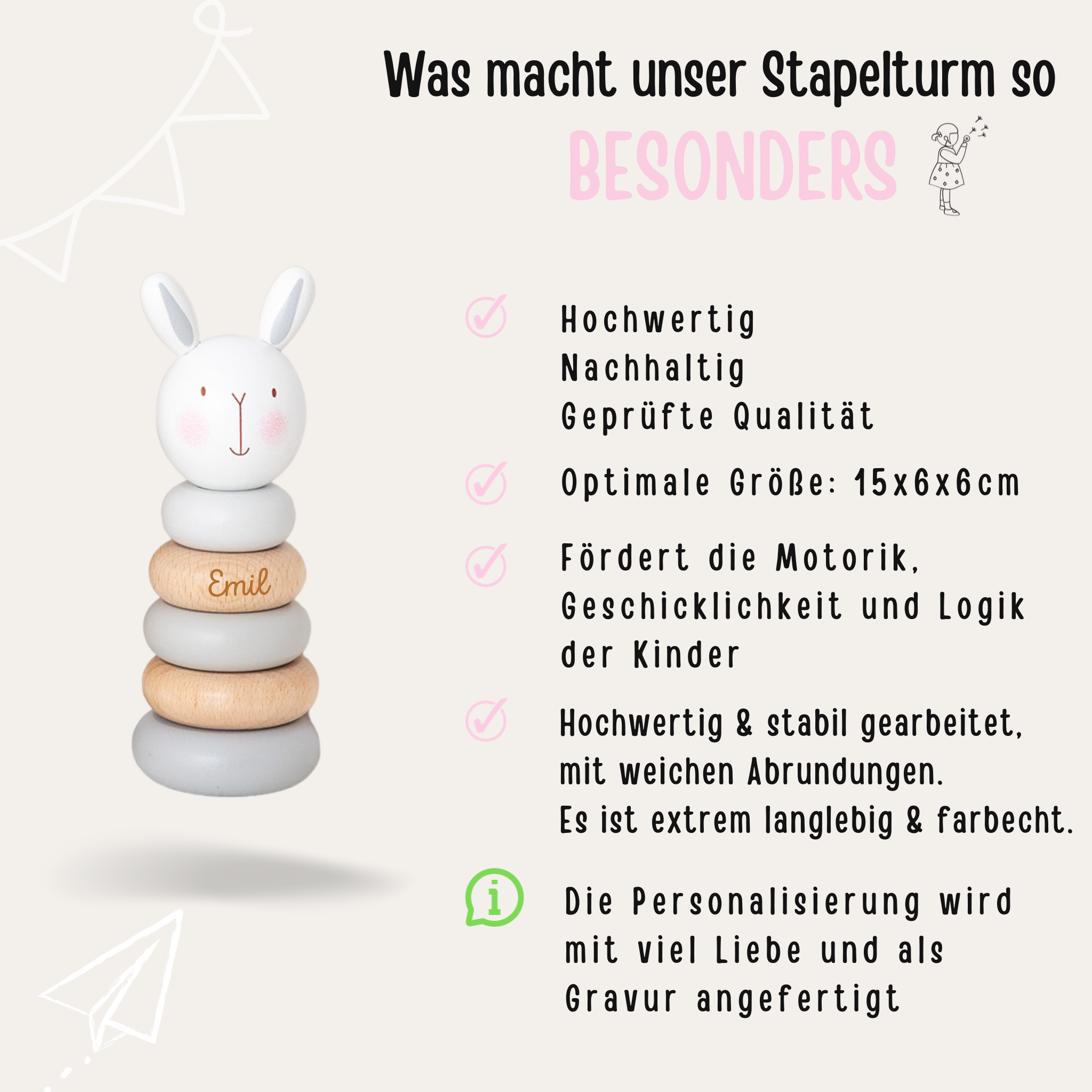 Stapelturm Holz Pastell Tiere personalisiert
