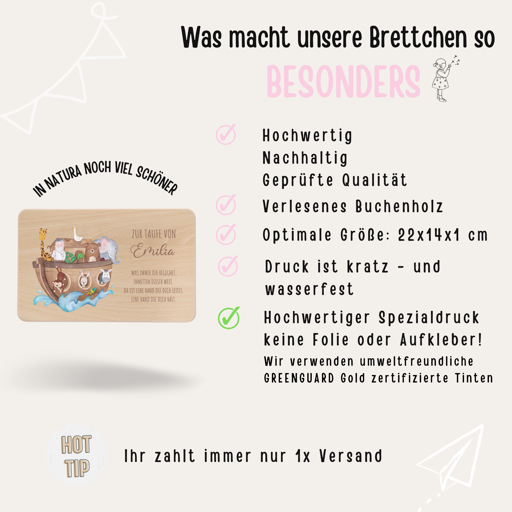 Frühstücksbrettchen personalisiert - Taufe Arche Noah Tiere