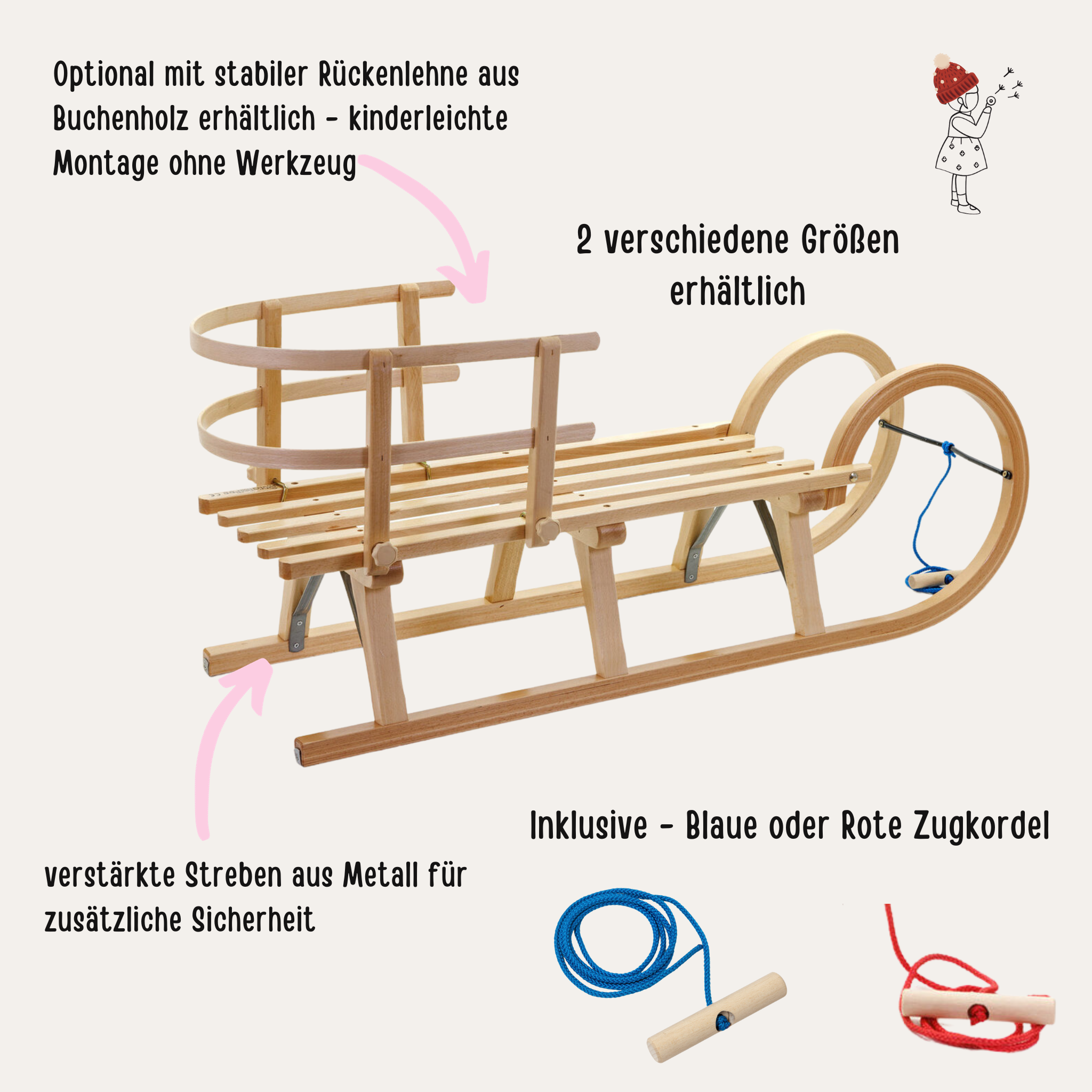 Hörnerschlitten Holz mit Lattensitz - personalisiert