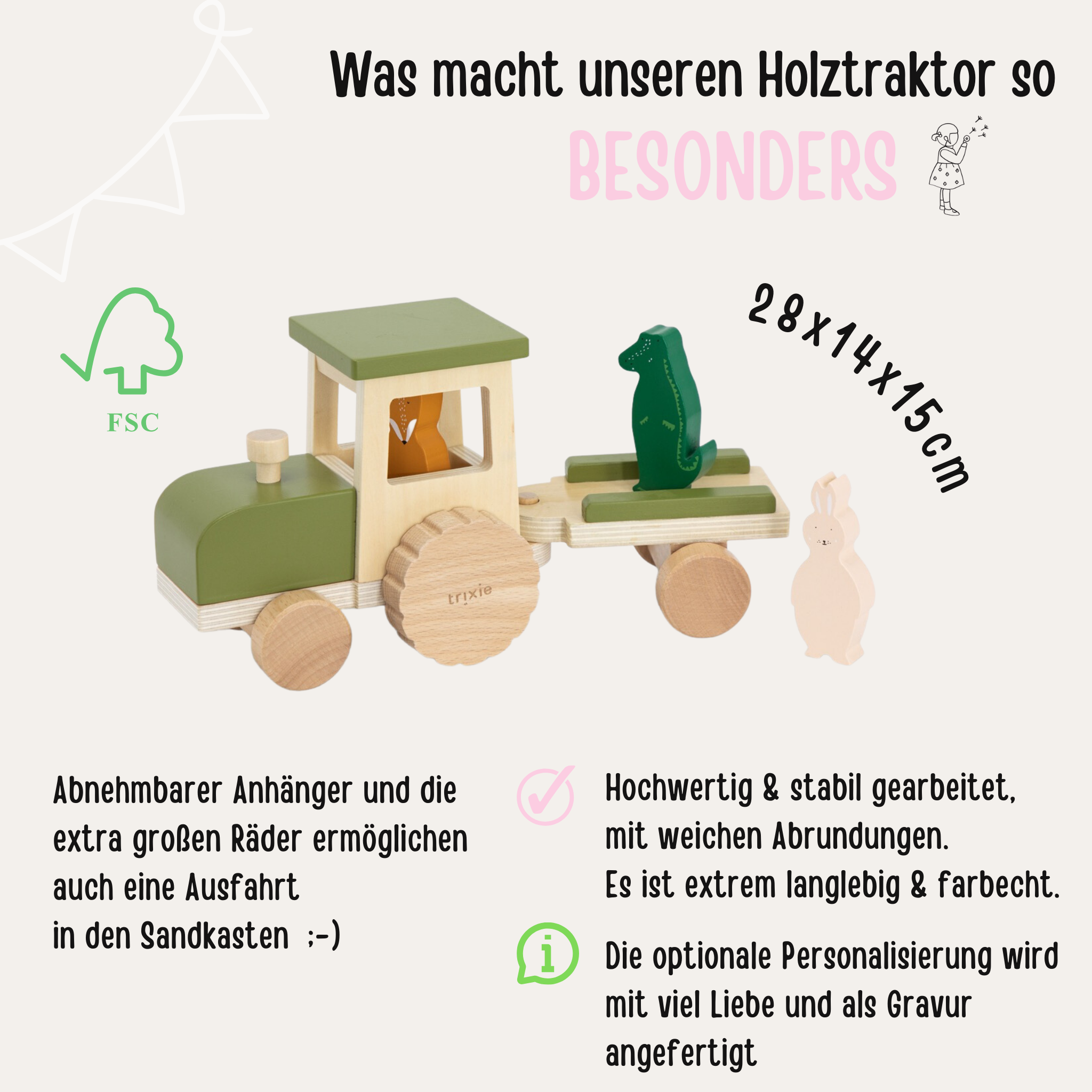 Holz Traktor personalisiert - Tiere