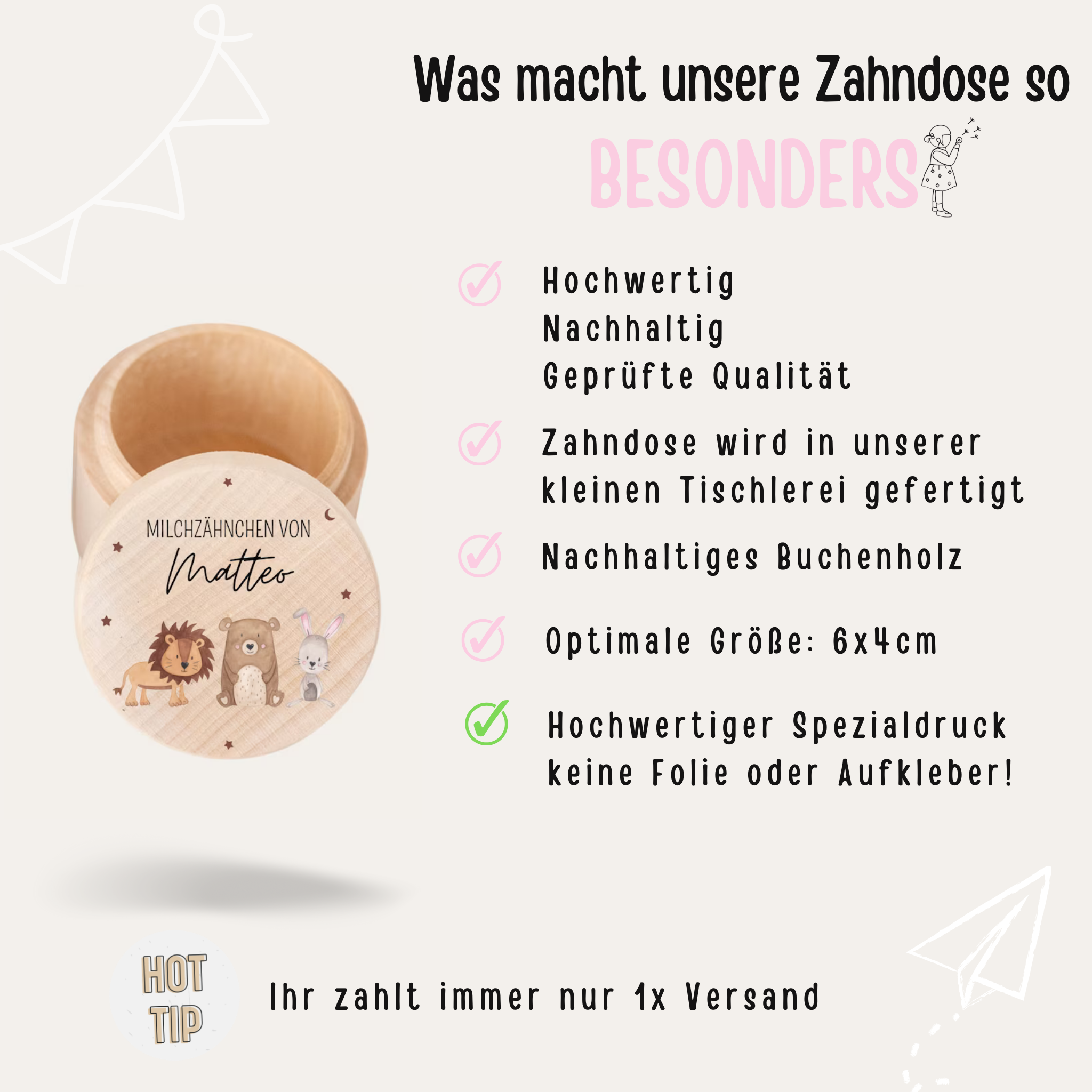 Milchzahndose Holz personalisiert - Tiere Sternenhimmel Aquarell