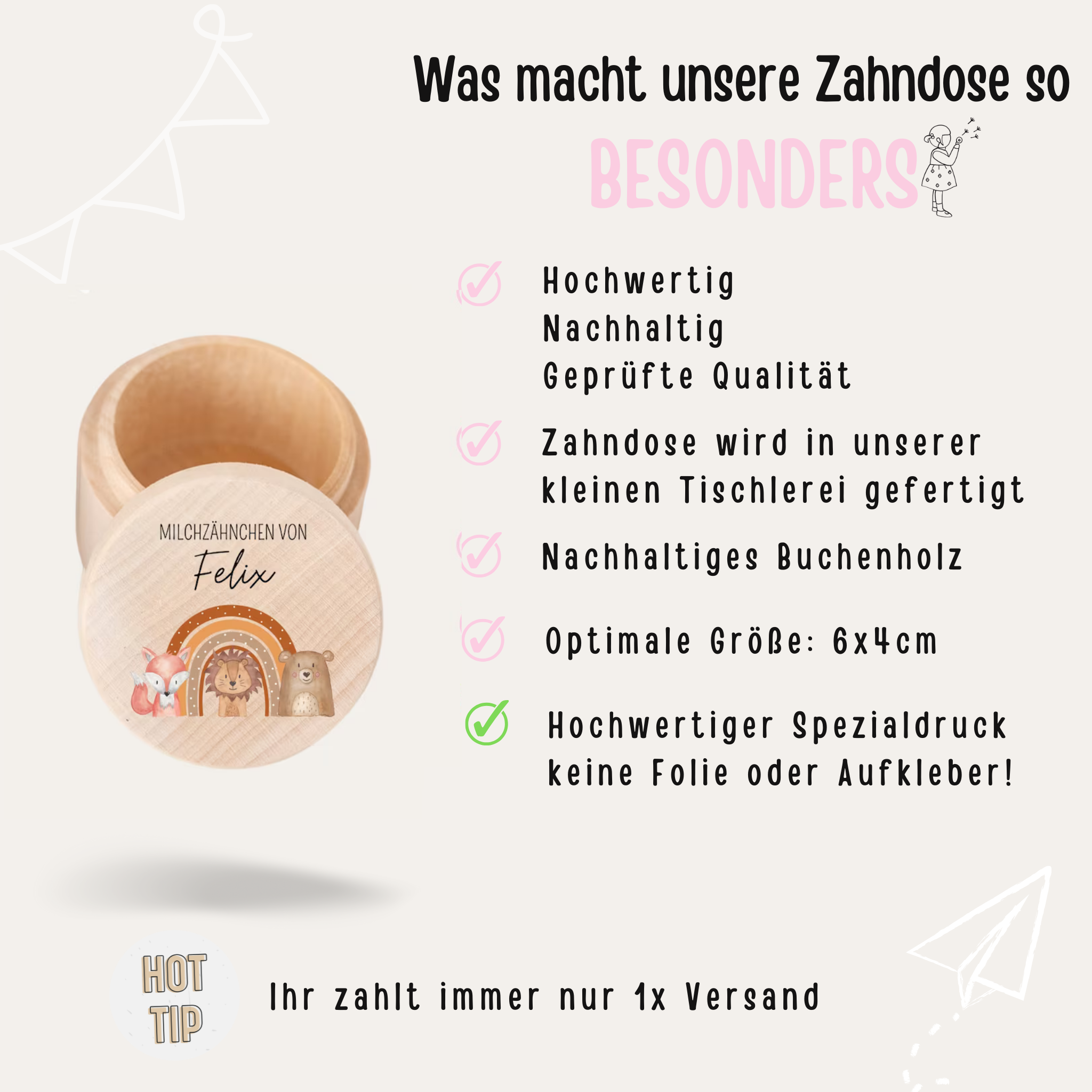 Milchzahndose Holz personalisiert - Fuchs, Löwe, Bär Regenbogen Aquarell
