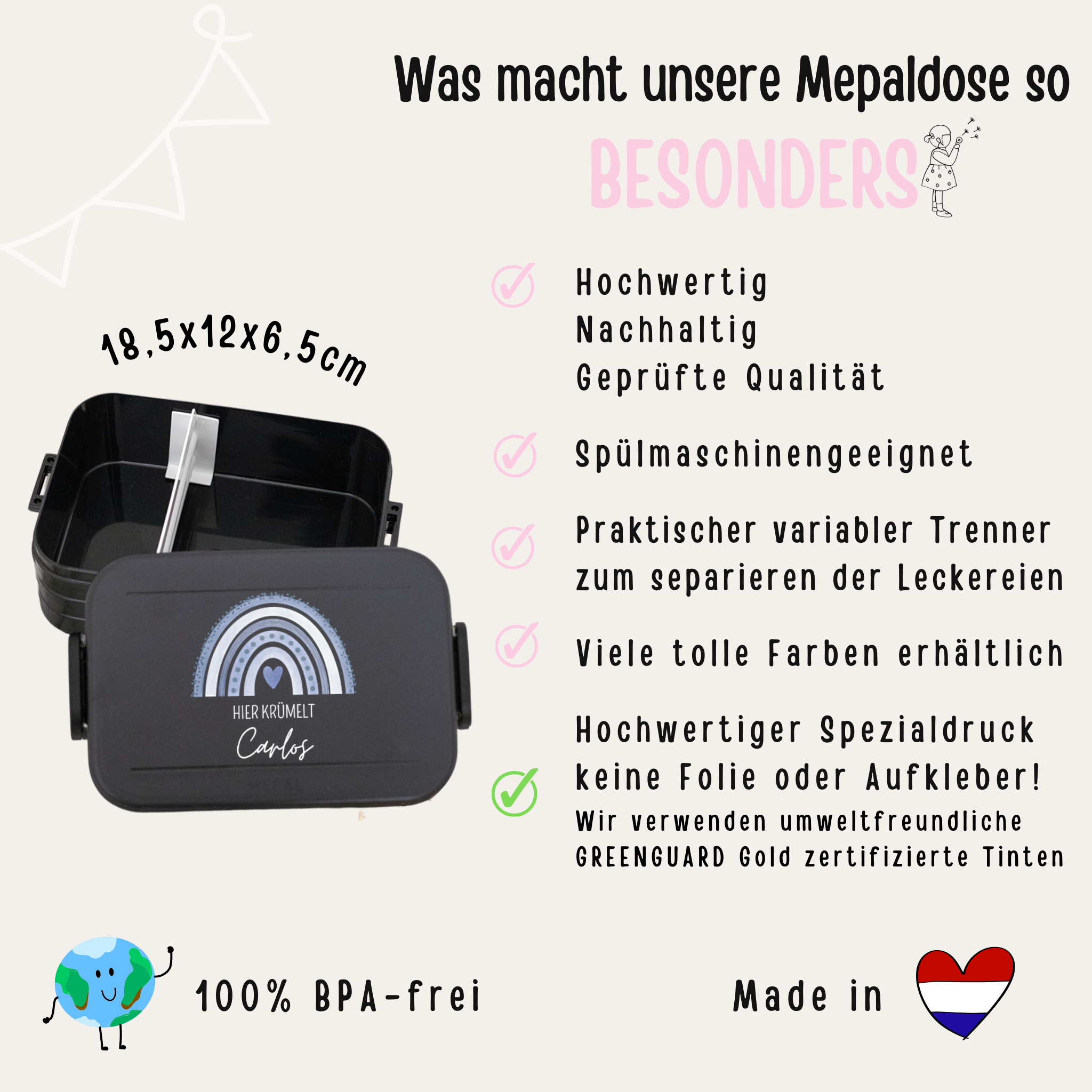 Mepal Brotdose personalisiert mit Trennwand - Regenbogen Punkte Aquarell