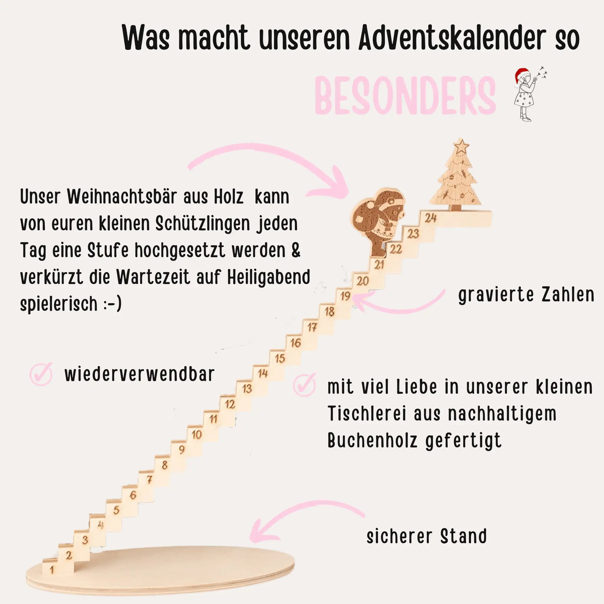 Adventskalender aus Holz "Treppe mit Weihnachtsbär" - wunderwunsch