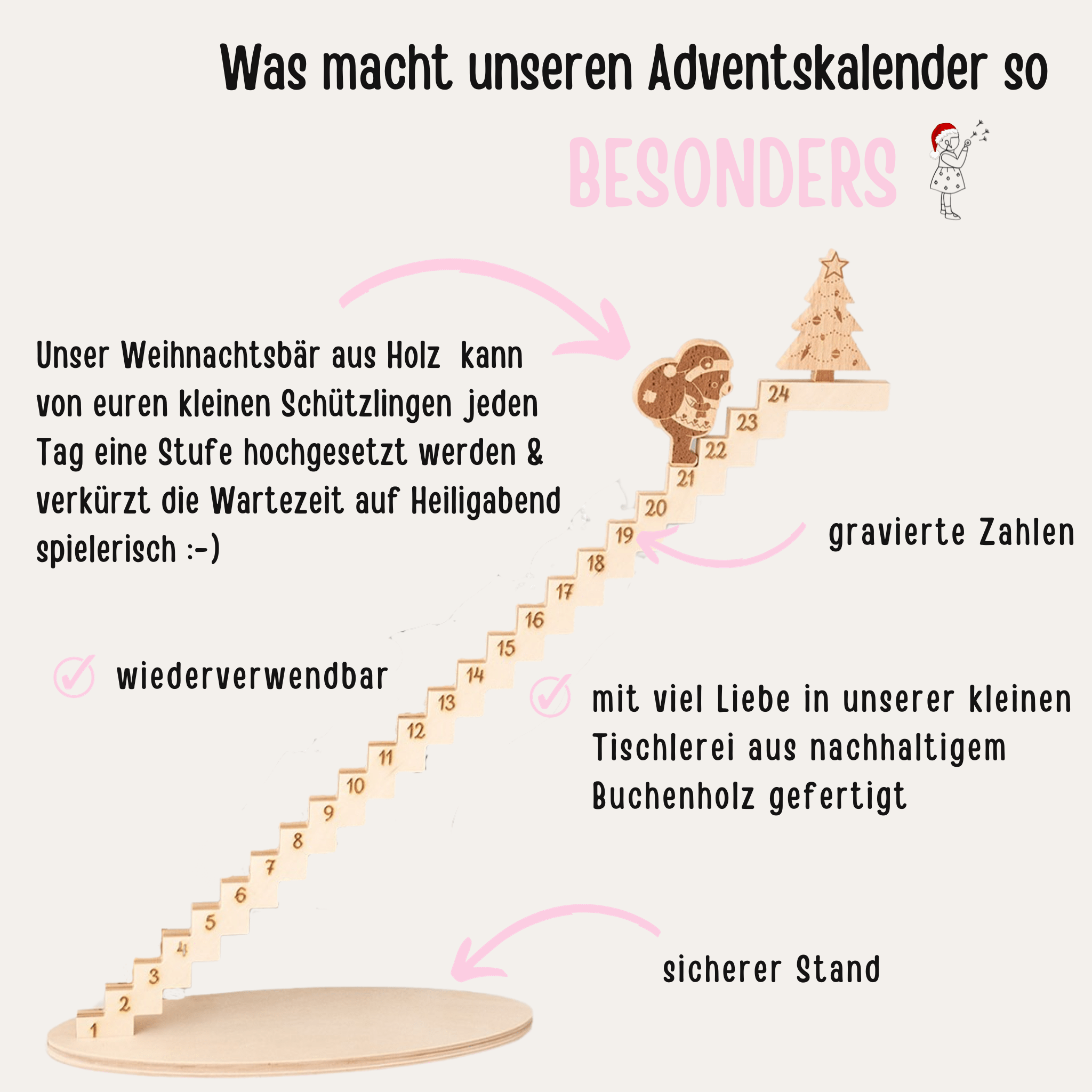 Adventskalender aus Holz "Treppe mit Weihnachtsbär" - wunderwunsch