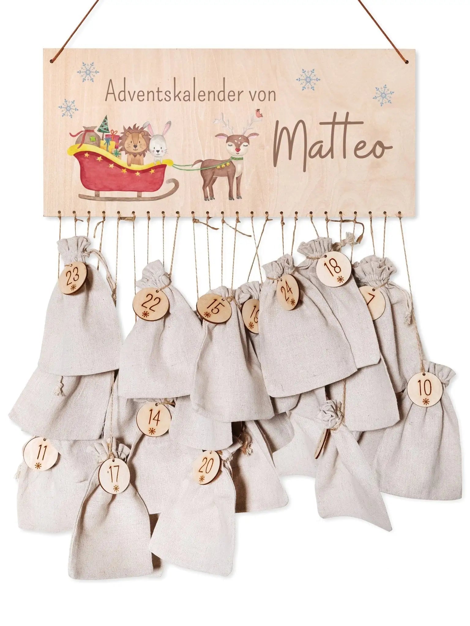 Adventskalender personalisiert - "Schlitten Tiere" Aquarell - wunderwunsch