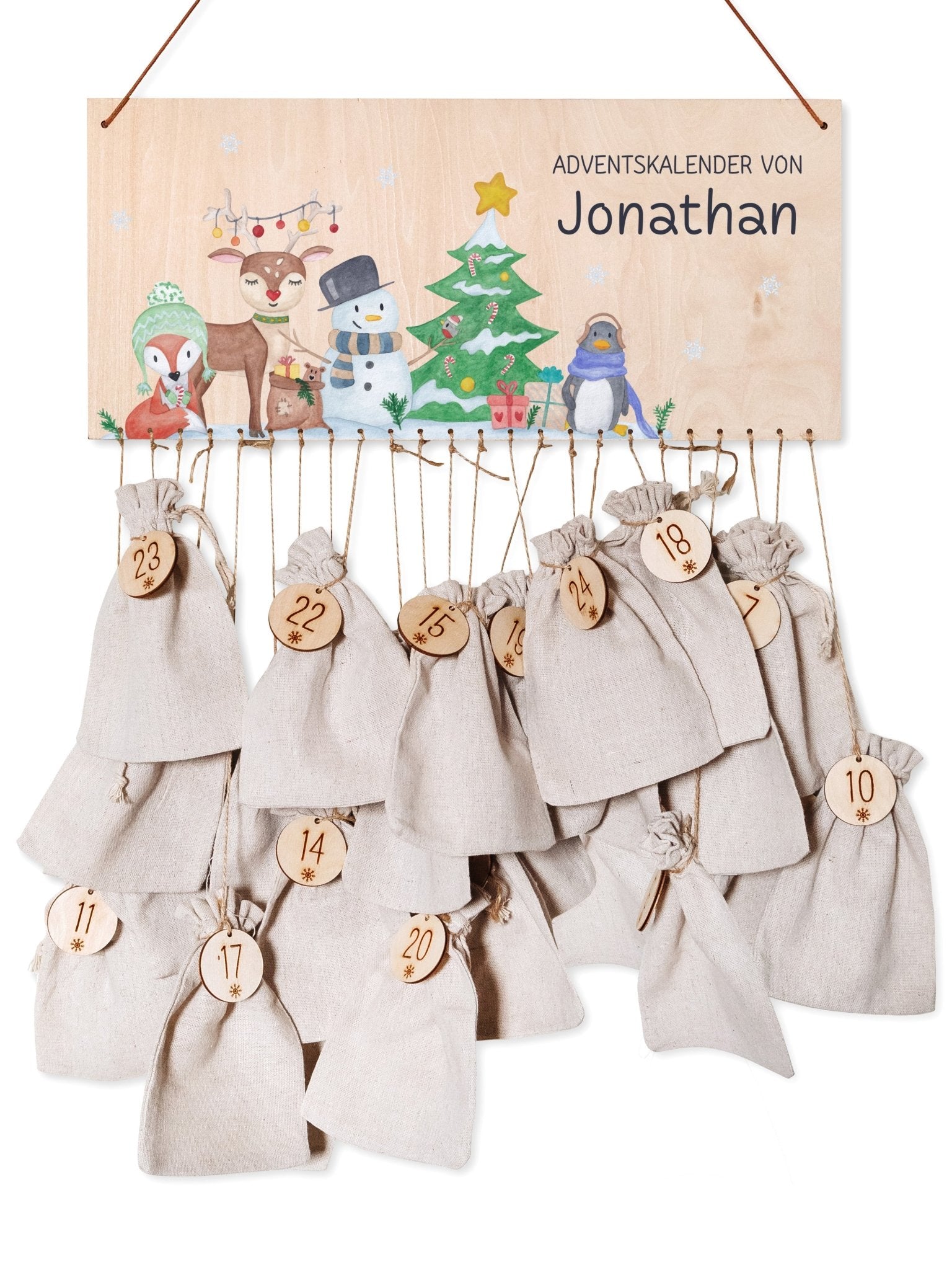 Adventskalender personalisiert - "Schneemann Weihnachtsbaum" Aquarell - wunderwunsch