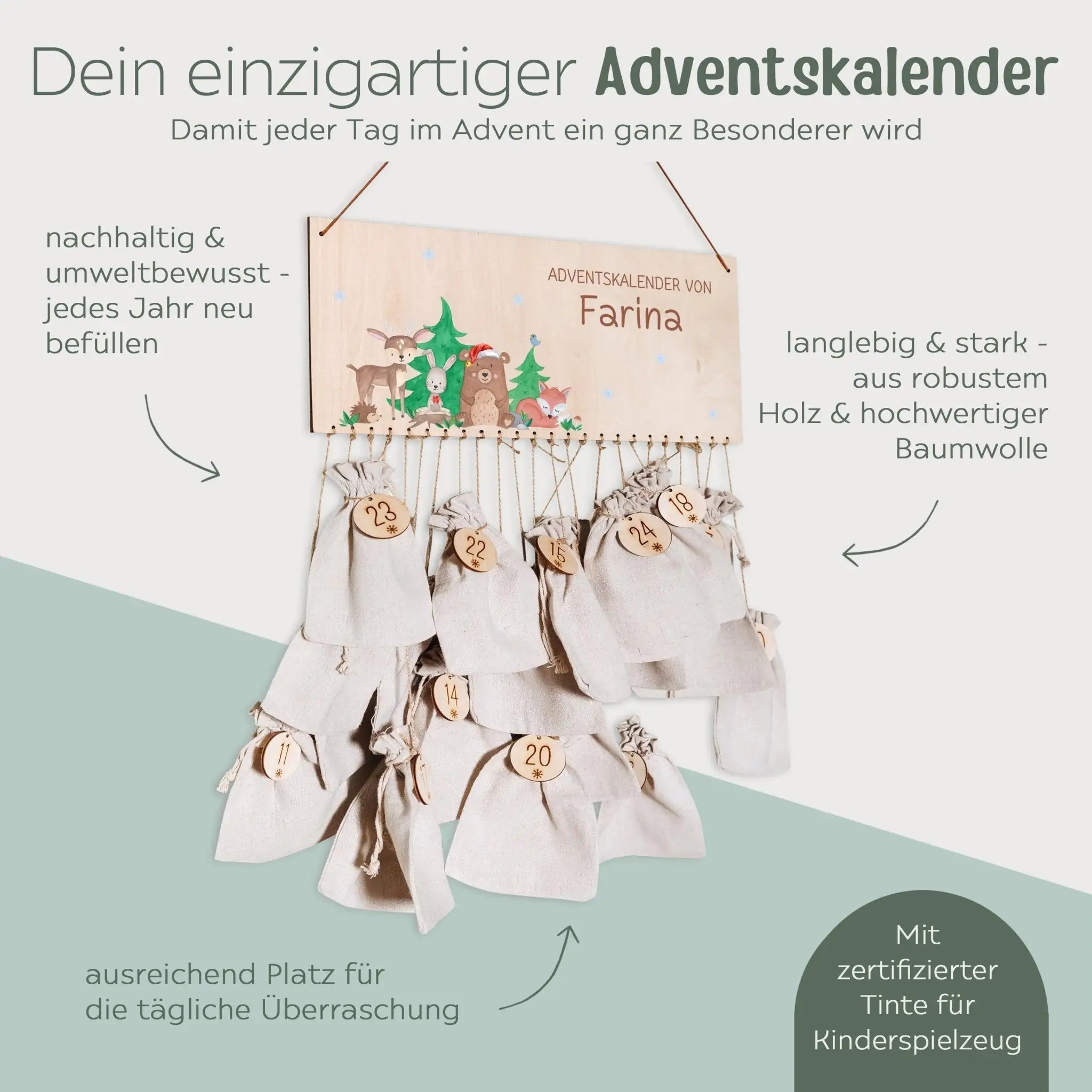 Adventskalender personalisiert - "Weihnachtliche Waldfreunde" Aquarell - wunderwunsch