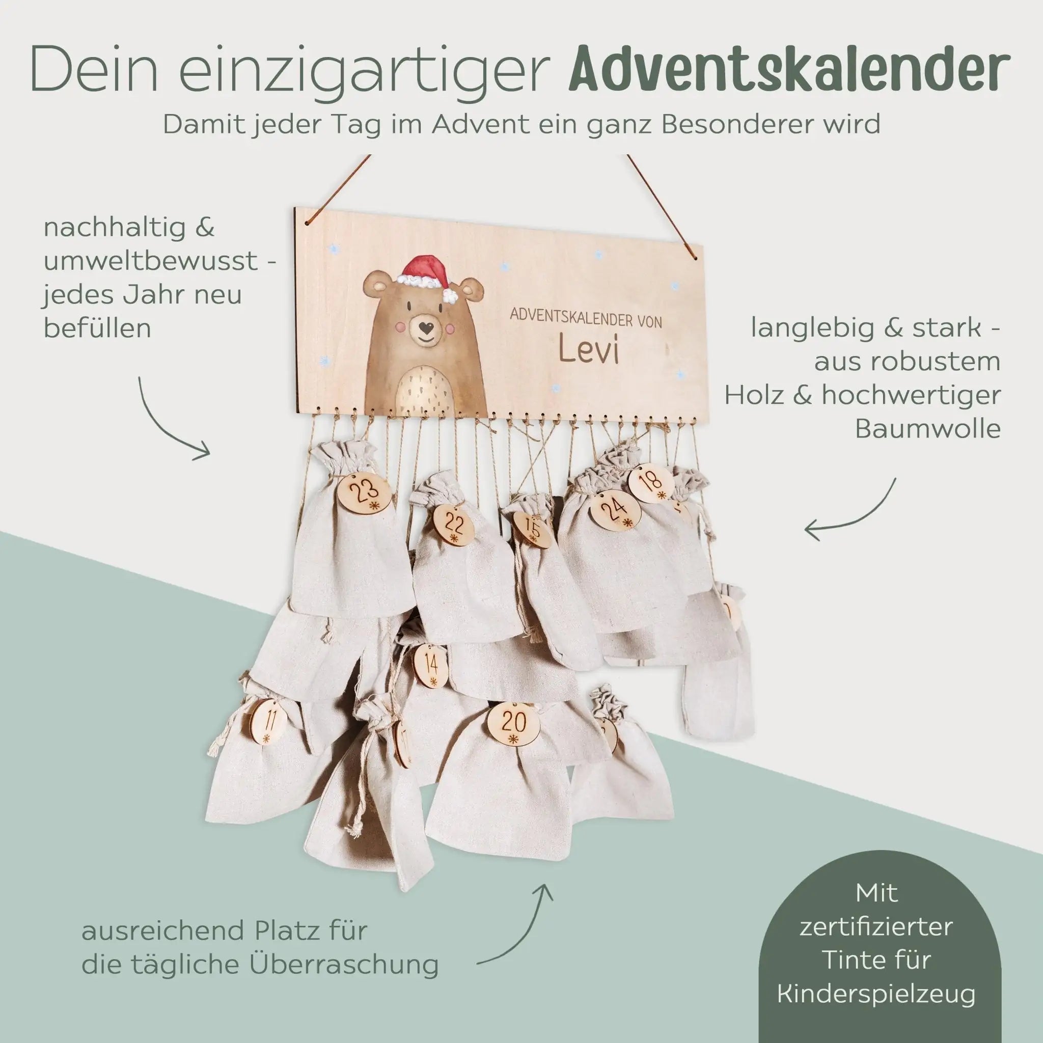Adventskalender personalisiert - "Weihnachtsbär" Aquarell - wunderwunsch
