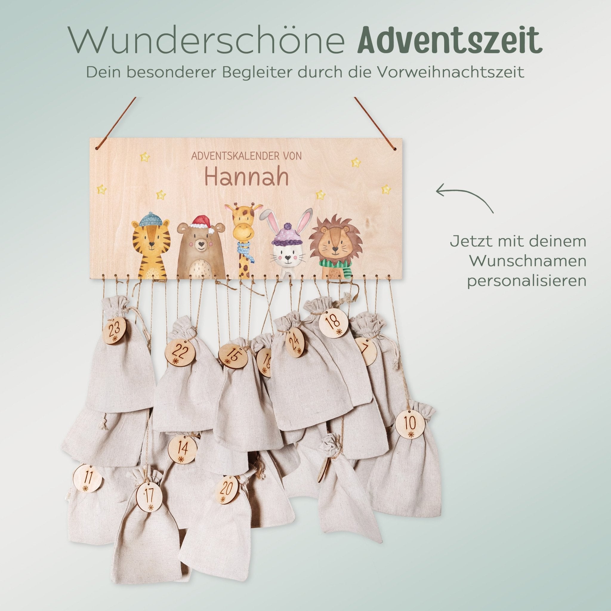 Adventskalender personalisiert - "Weihnachtstiere unten Sterne gerade" Aquarell - wunderwunsch