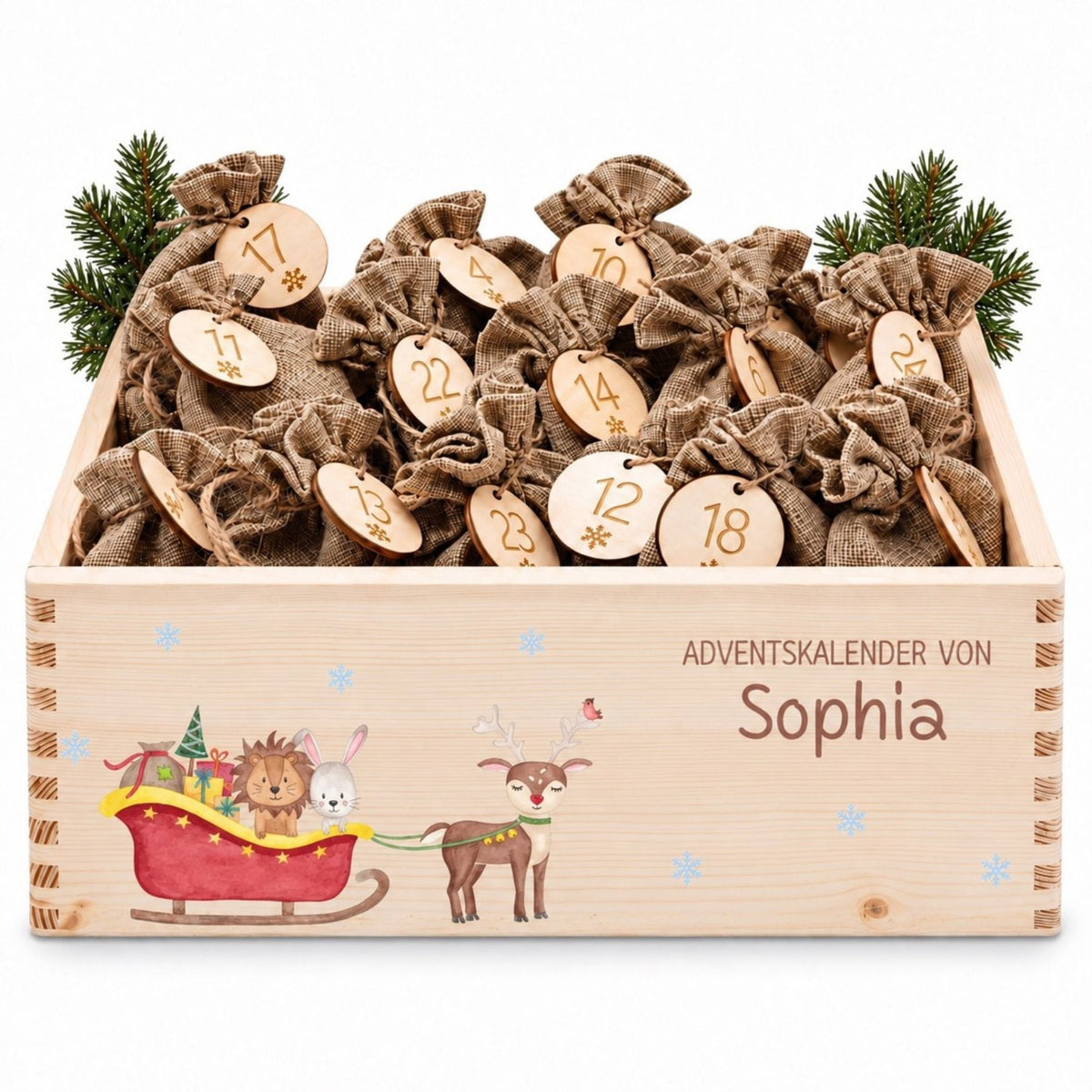 Adventskiste personalisiert - "Schlitten Tiere" Aquarell - wunderwunsch