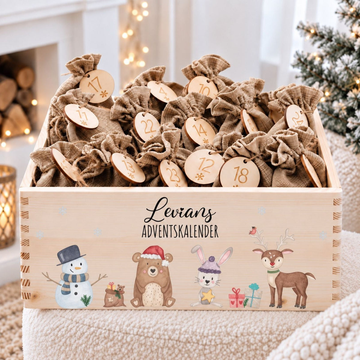 Adventskiste personalisiert - Schneemann Tiere Aquarell - wunderwunsch