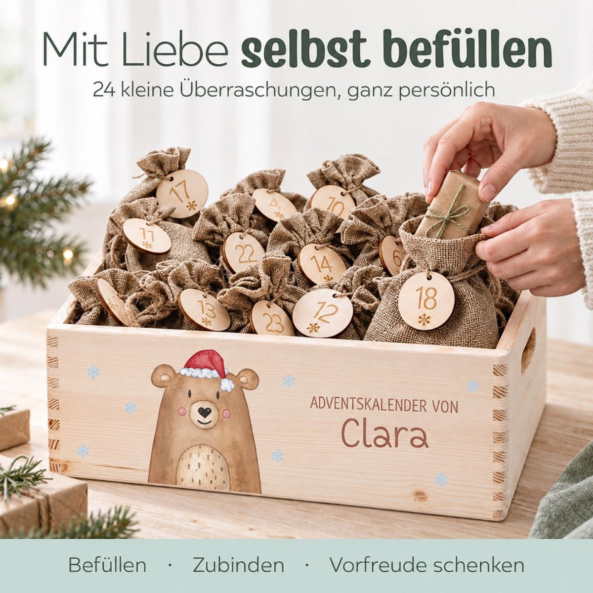 Adventskiste personalisiert - Weihnachtsbär Aquarell - wunderwunsch