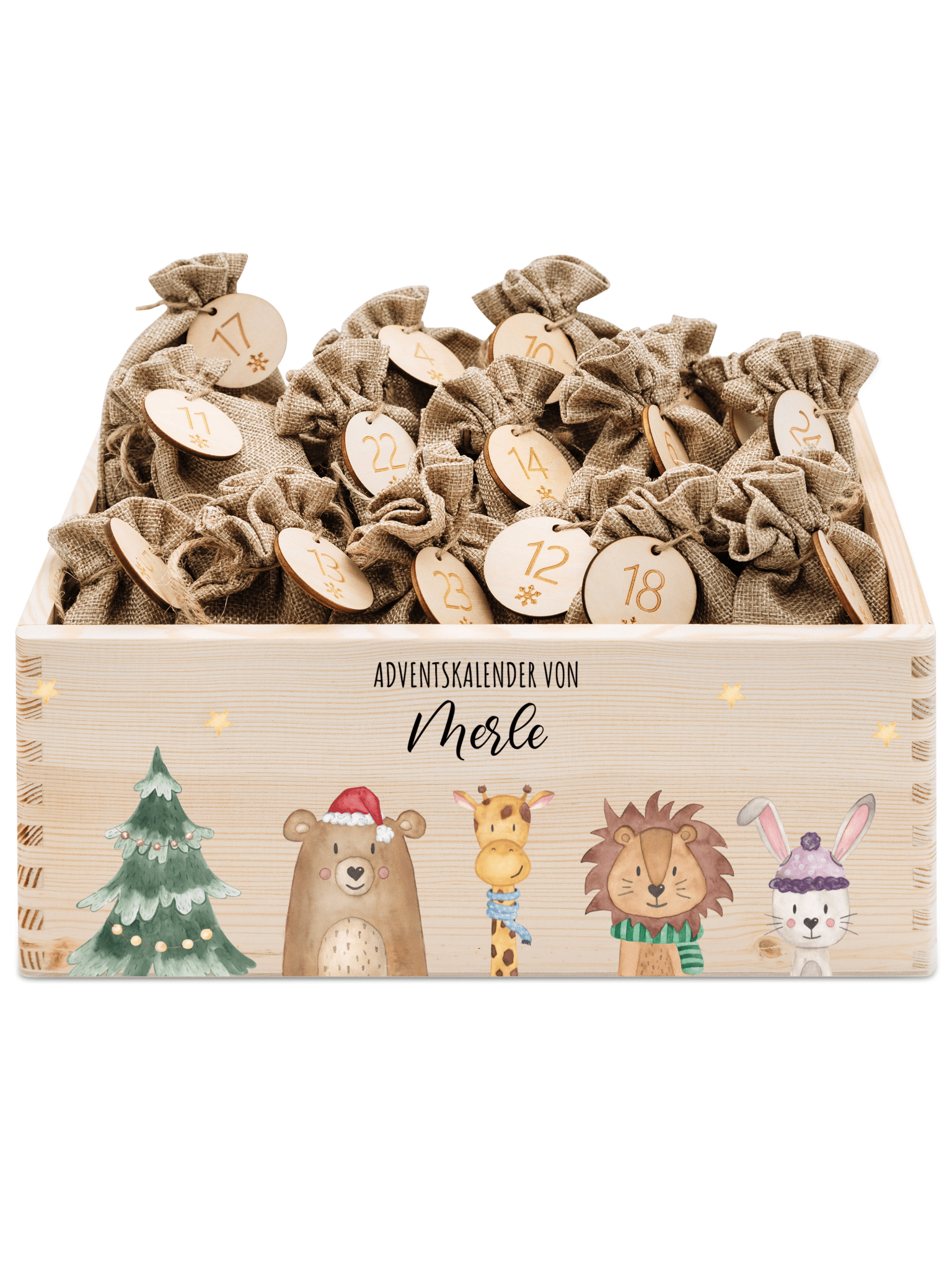 Adventskiste personalisiert - "Weihnachtsbaum Tiere" Aquarell - wunderwunsch