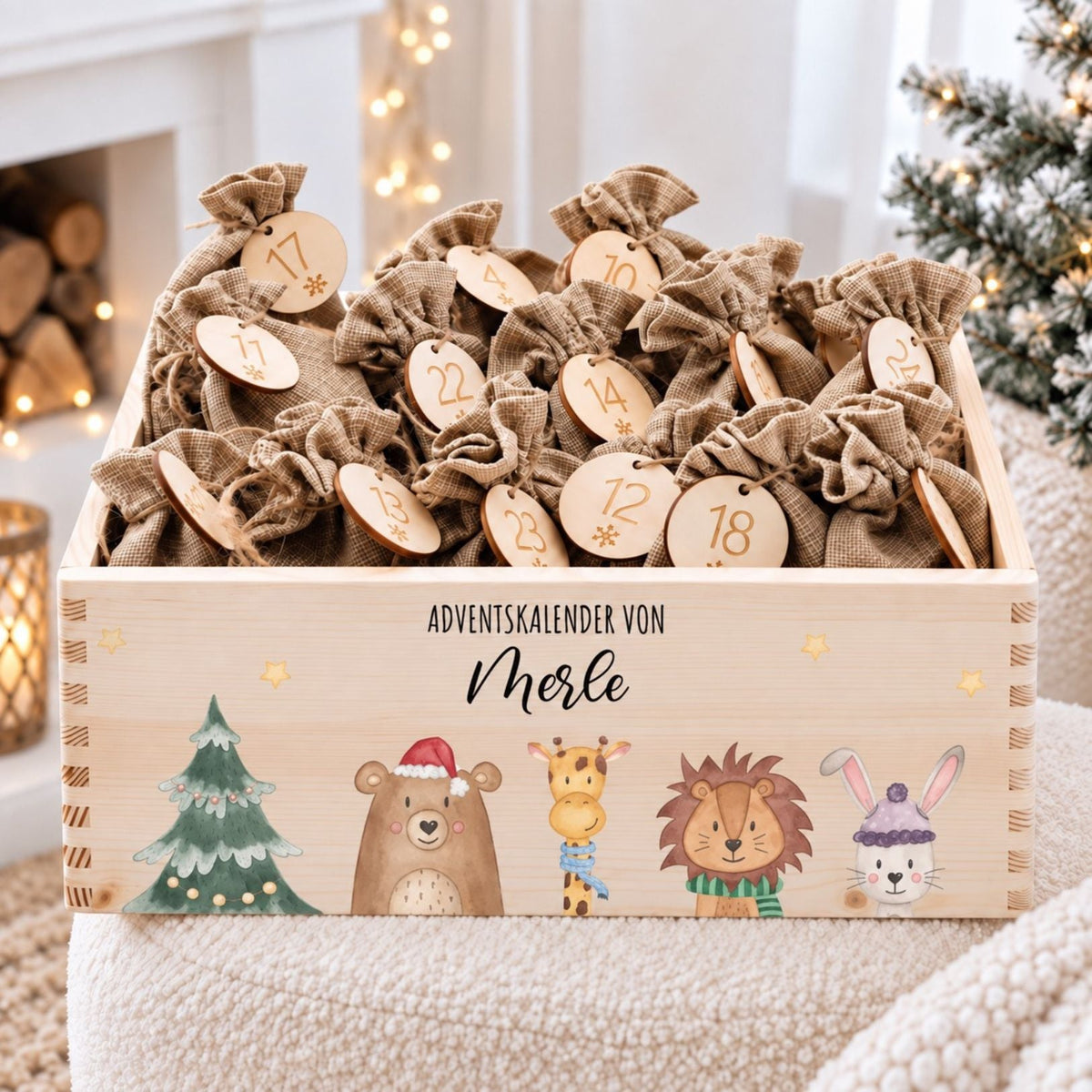 Adventskiste personalisiert - "Weihnachtsbaum Tiere" Aquarell - wunderwunsch