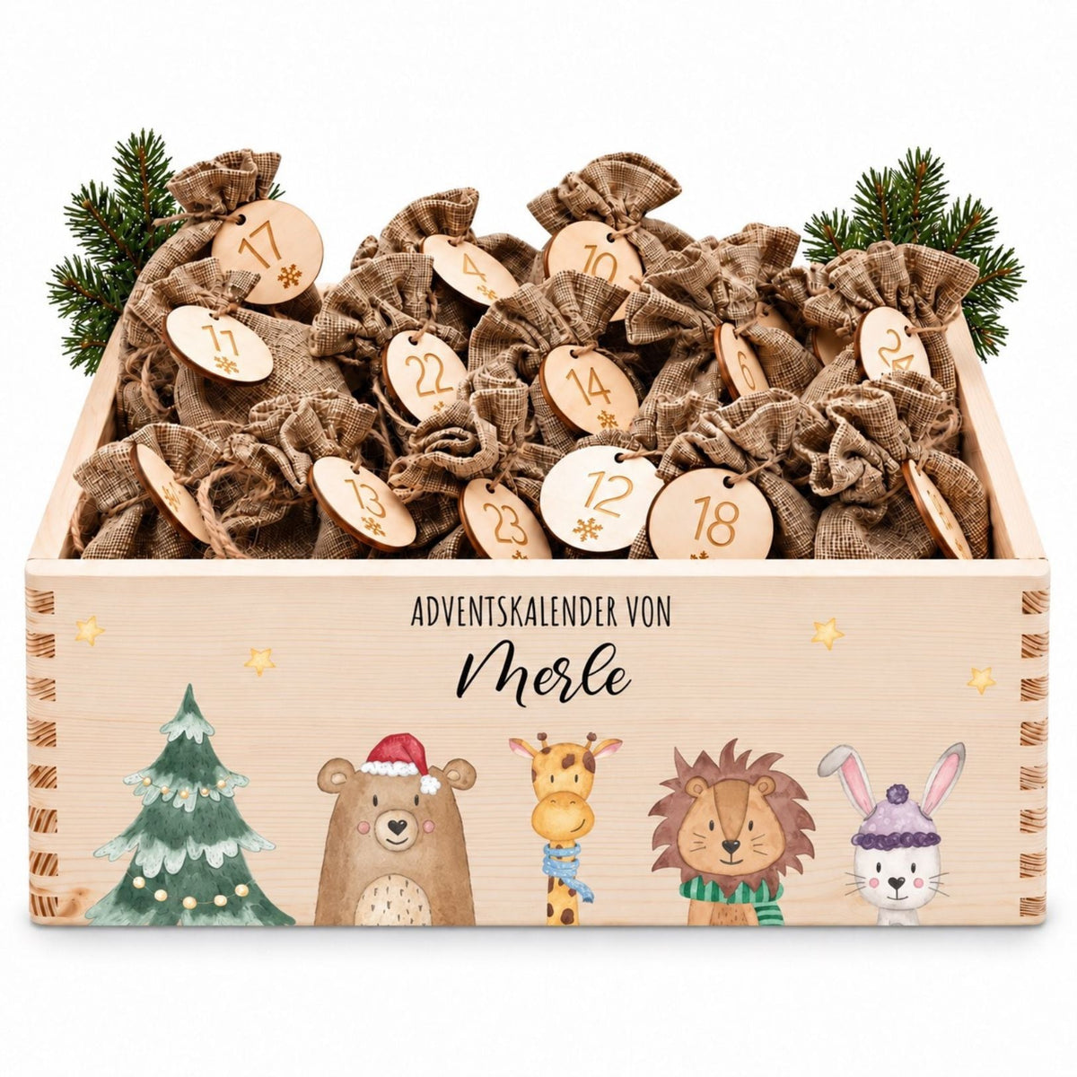 Adventskiste personalisiert - "Weihnachtsbaum Tiere" Aquarell - wunderwunsch