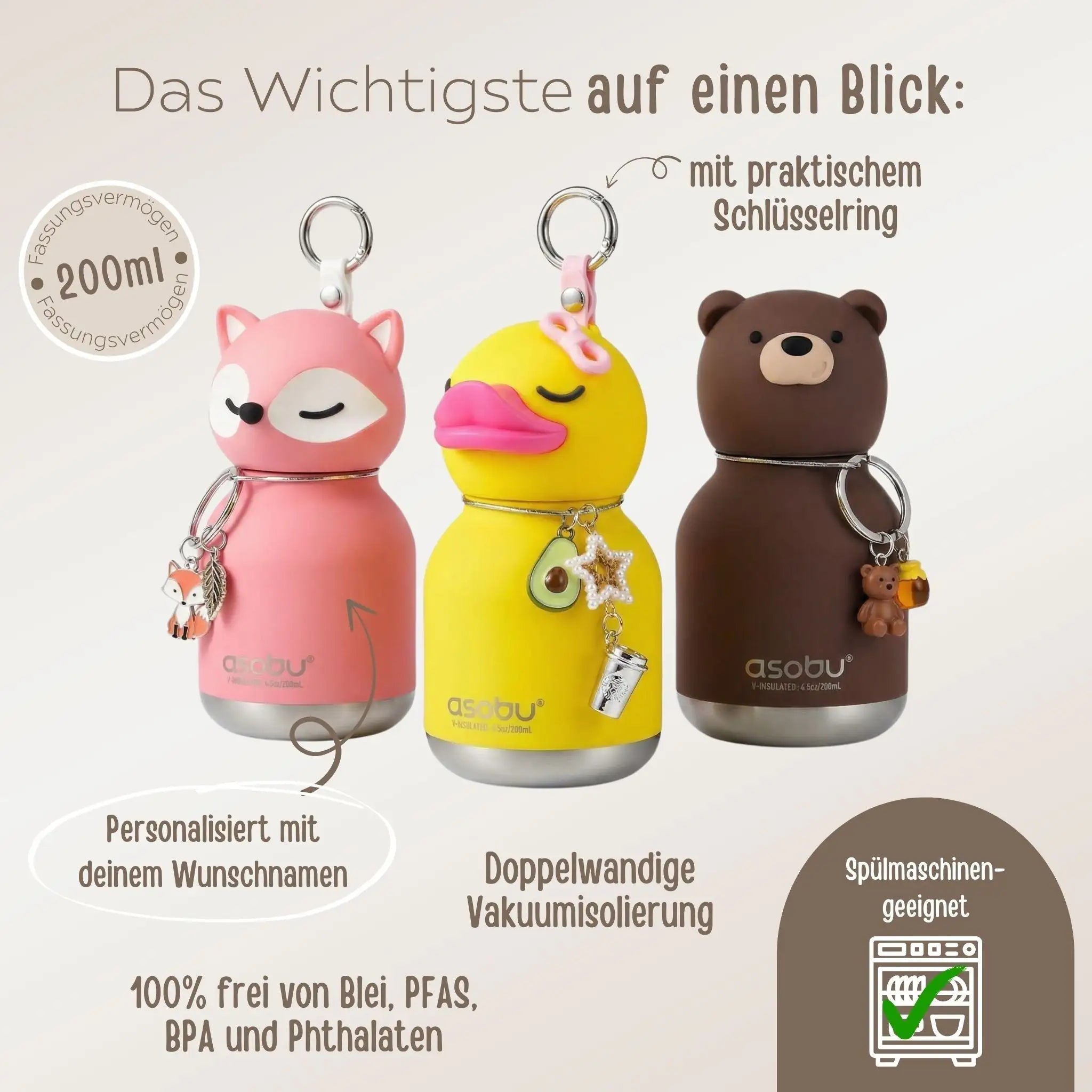ASOBU Mini Bestie Tier Trinkflasche mit Schlüsselanhänger personalisierbar - wunderwunsch