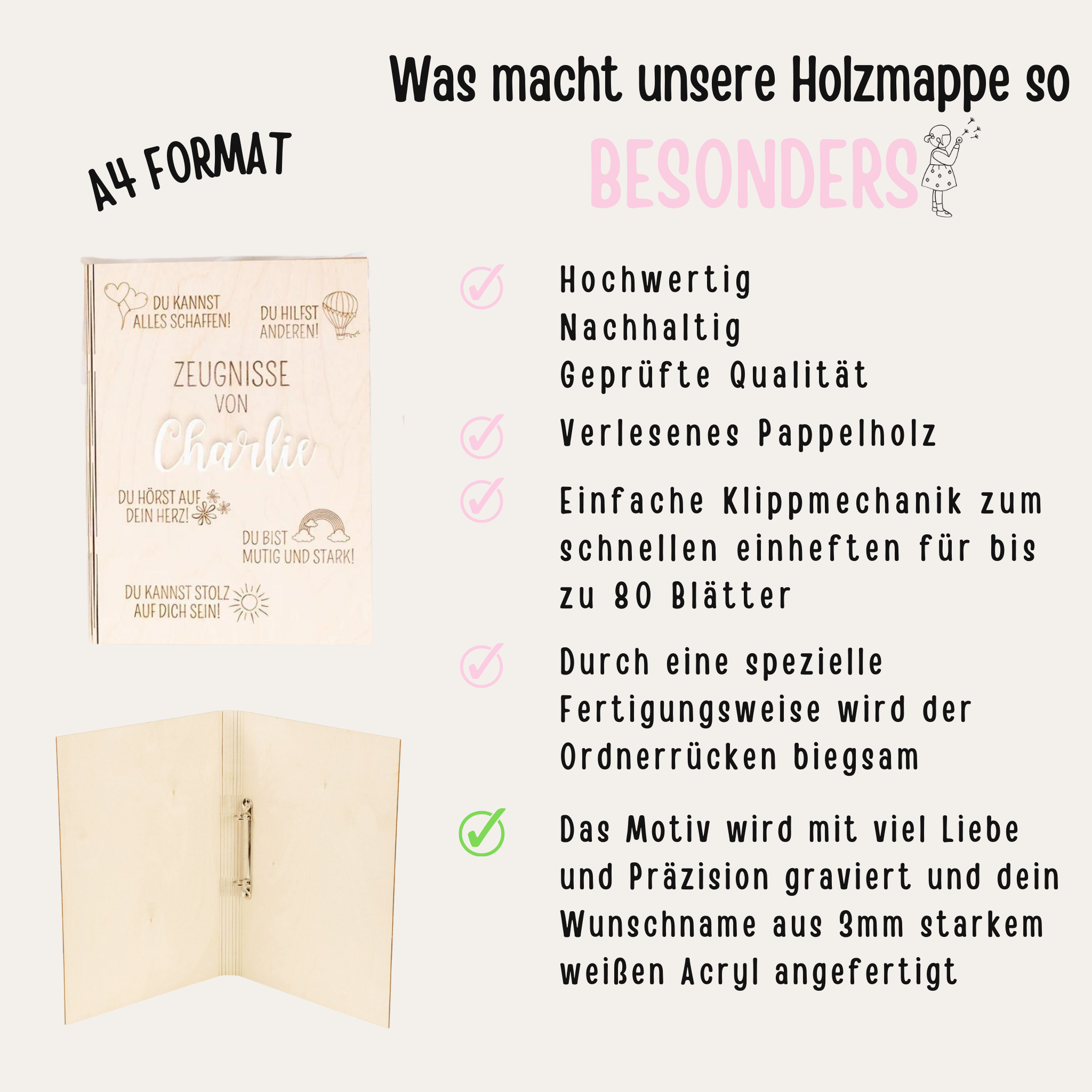 Zeugnismappe Holz personalisiert - Affirmationen Gravur