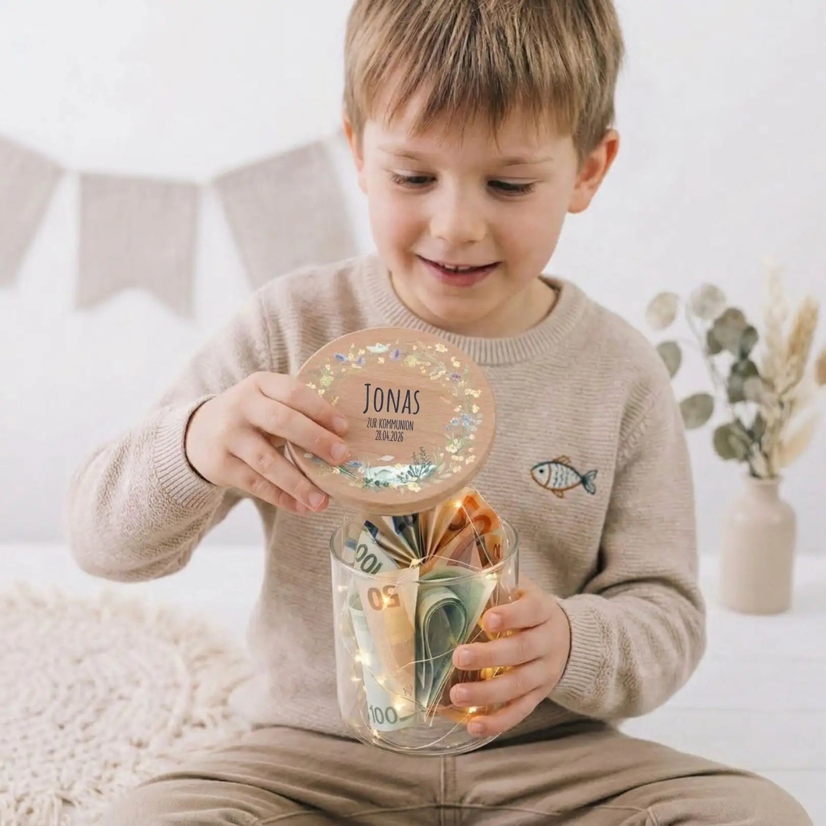 Aufbewahrungsglas "Zur Kommunion" Kranz Aquarell - wunderwunsch