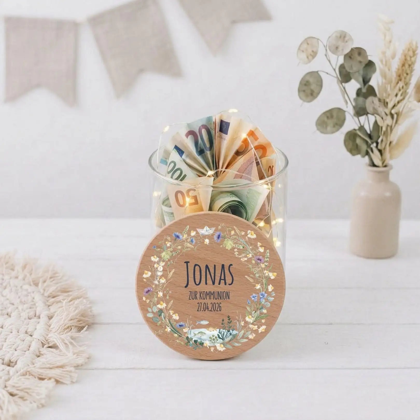 Aufbewahrungsglas "Zur Kommunion" Kranz Aquarell - wunderwunsch