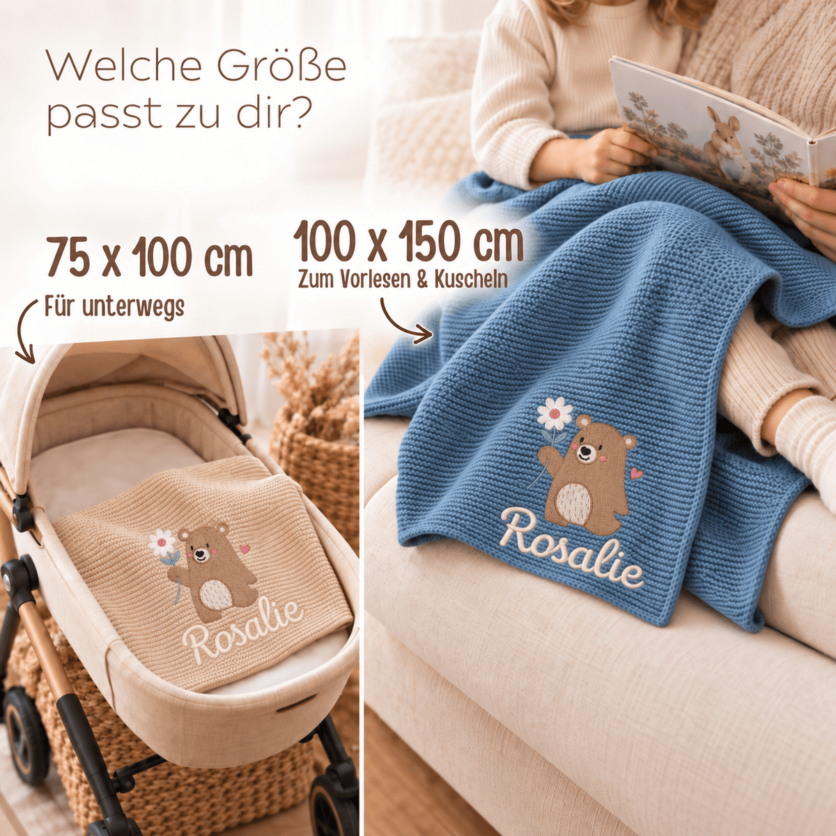Baby Strickdecke aus 100% Bio-Baumwolle personalisiert - Bär mit Blume - wunderwunsch
