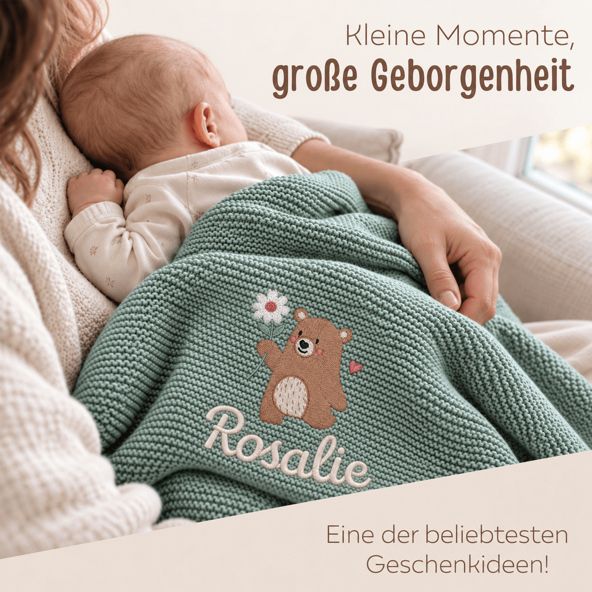 Baby Strickdecke aus 100% Bio-Baumwolle personalisiert - Bär mit Blume - wunderwunsch