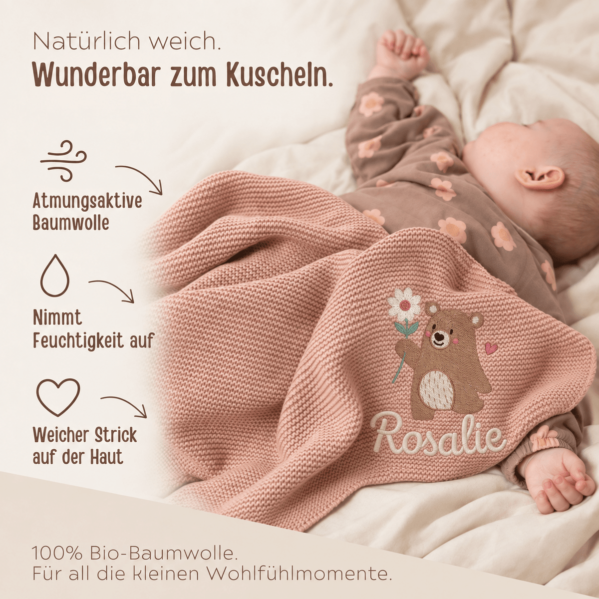 Baby Strickdecke aus 100% Bio-Baumwolle personalisiert - Bär mit Blume - wunderwunsch