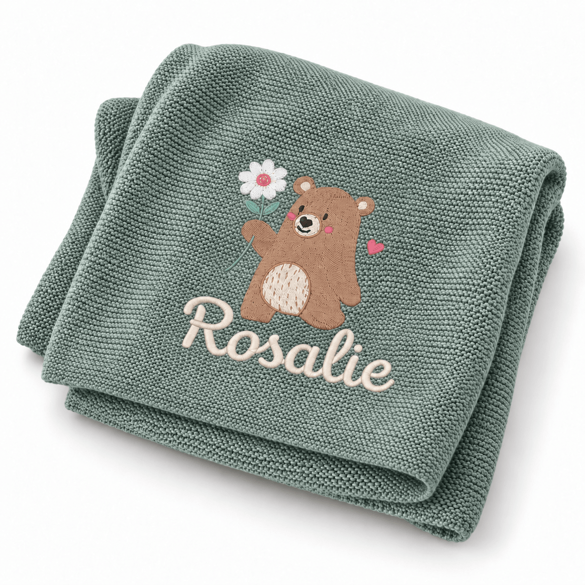 Baby Strickdecke aus 100% Bio-Baumwolle personalisiert - Bär mit Blume - wunderwunsch
